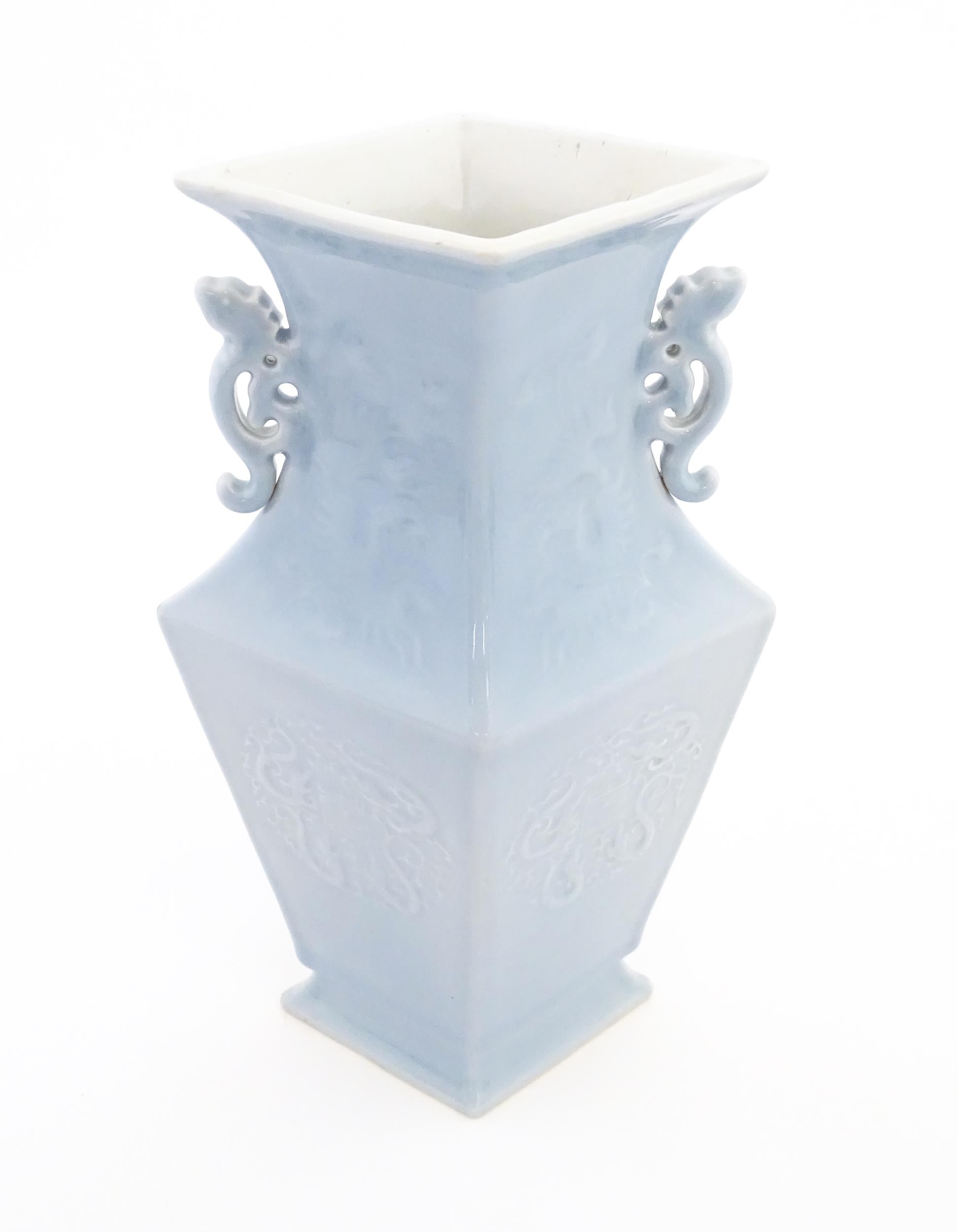 A Chinese vase of angular baluster form with a pale blue ground and twin handles, decorated with - Image 6 of 8