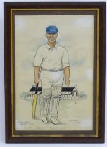 W. A. Hill, 20th century, Watercolour, pen and ink, A portrait of 'Nat' Hadley in cricket whites and