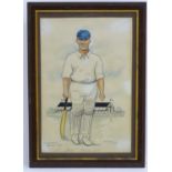 W. A. Hill, 20th century, Watercolour, pen and ink, A portrait of 'Nat' Hadley in cricket whites and