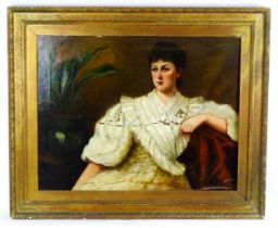 Late 19th / early 20th century, Oil on canvas, A portrait of a seated young lady with a house plant.