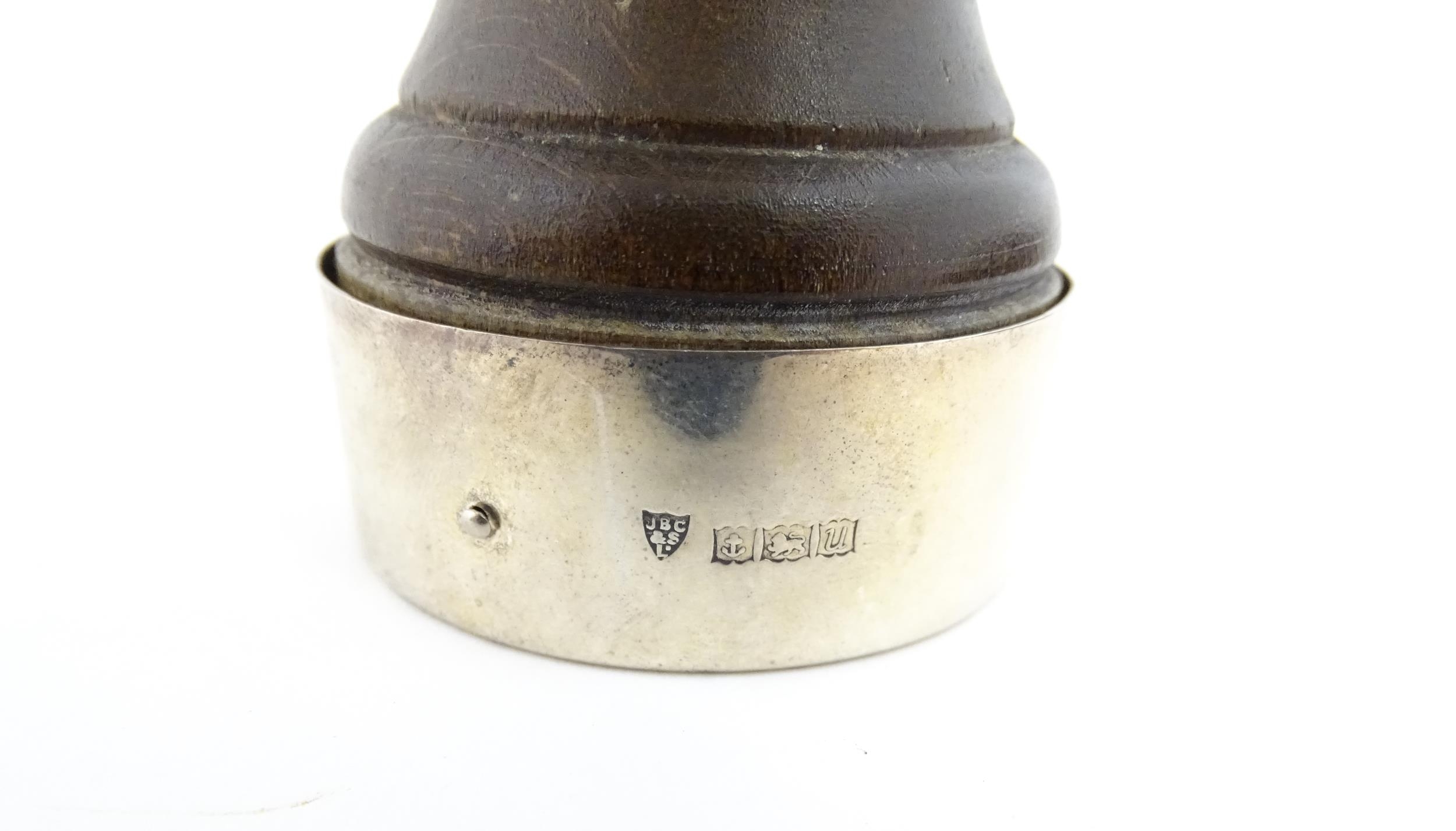 A 20thC turned wooden pepper mill / grinder with silver mount hallmarked Birmingham 1969, maker J. - Image 6 of 8