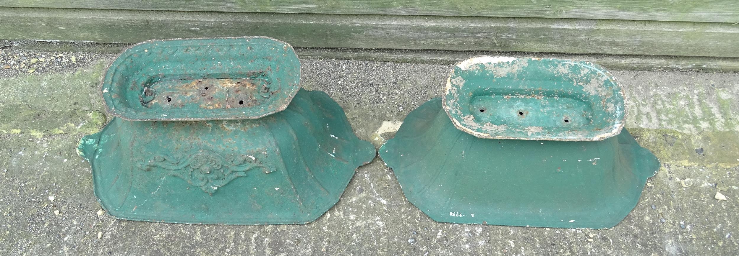 Two early 20thC cast iron pedestal planters / urns, one with relief detail. Approx. 26" wide x 10" - Image 2 of 8