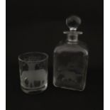 A Rowland Ward decanter glass with engraved Safari animal detail. Unsigned. Together with a similar