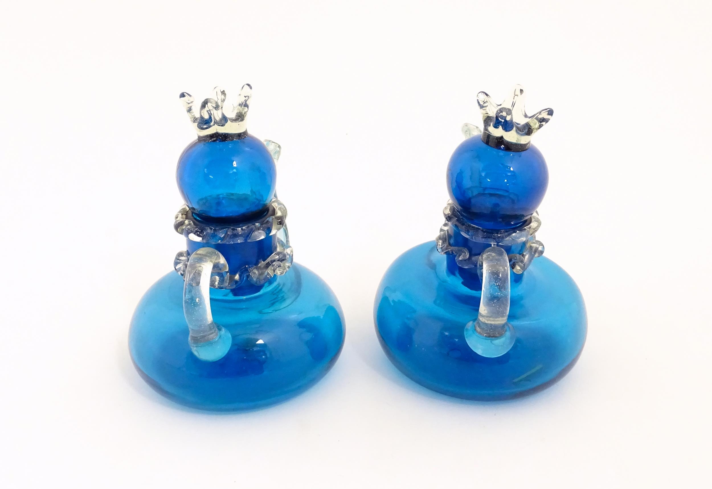 An unusual pair of turquoise glass oil / vinegar bottles of teapot form, the lids surmounted by - Image 9 of 11