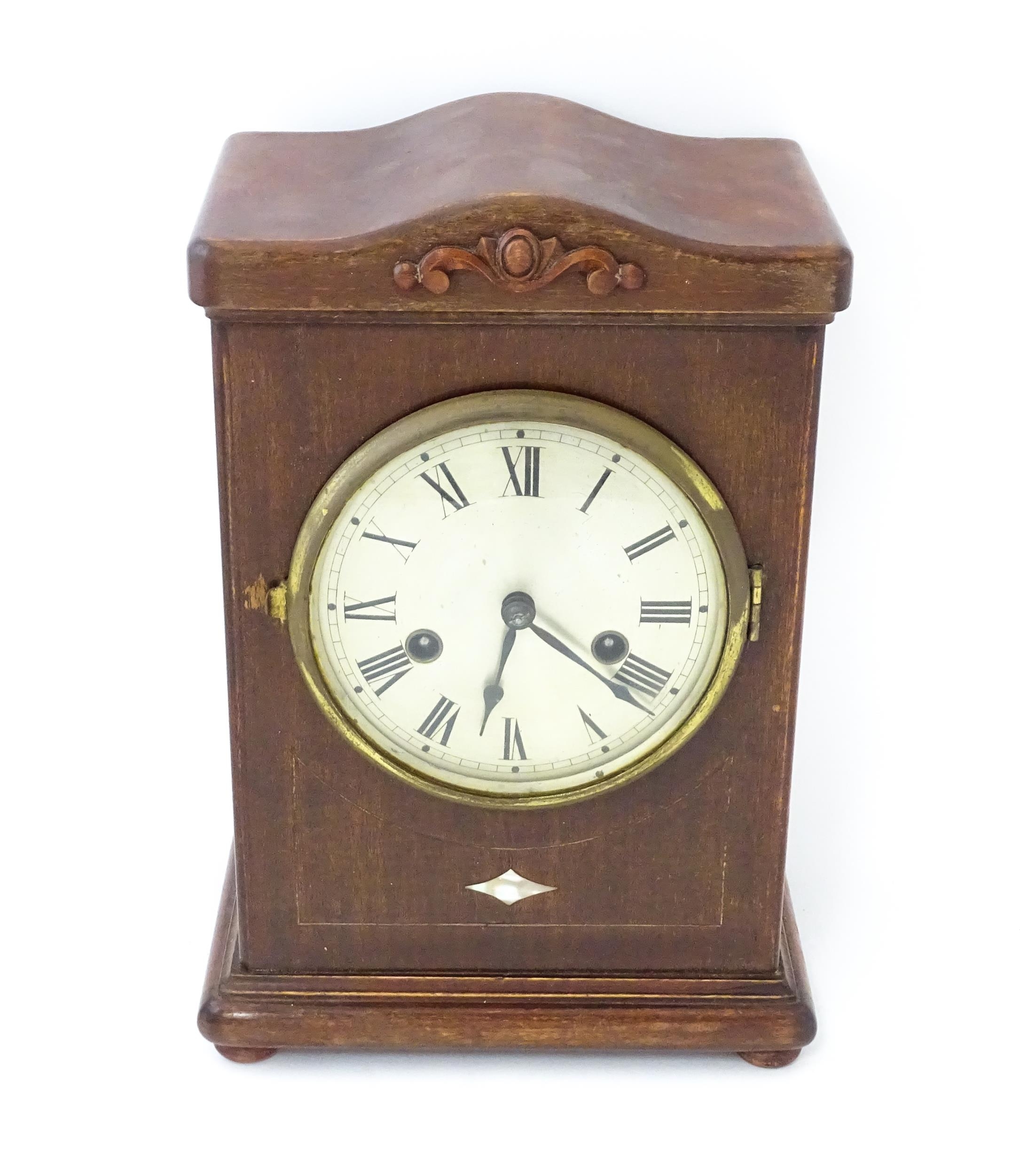 A mahogany cased mantle clock with silvered dial and Roman numerals. The by Gustav Becker 8-day - Image 4 of 9