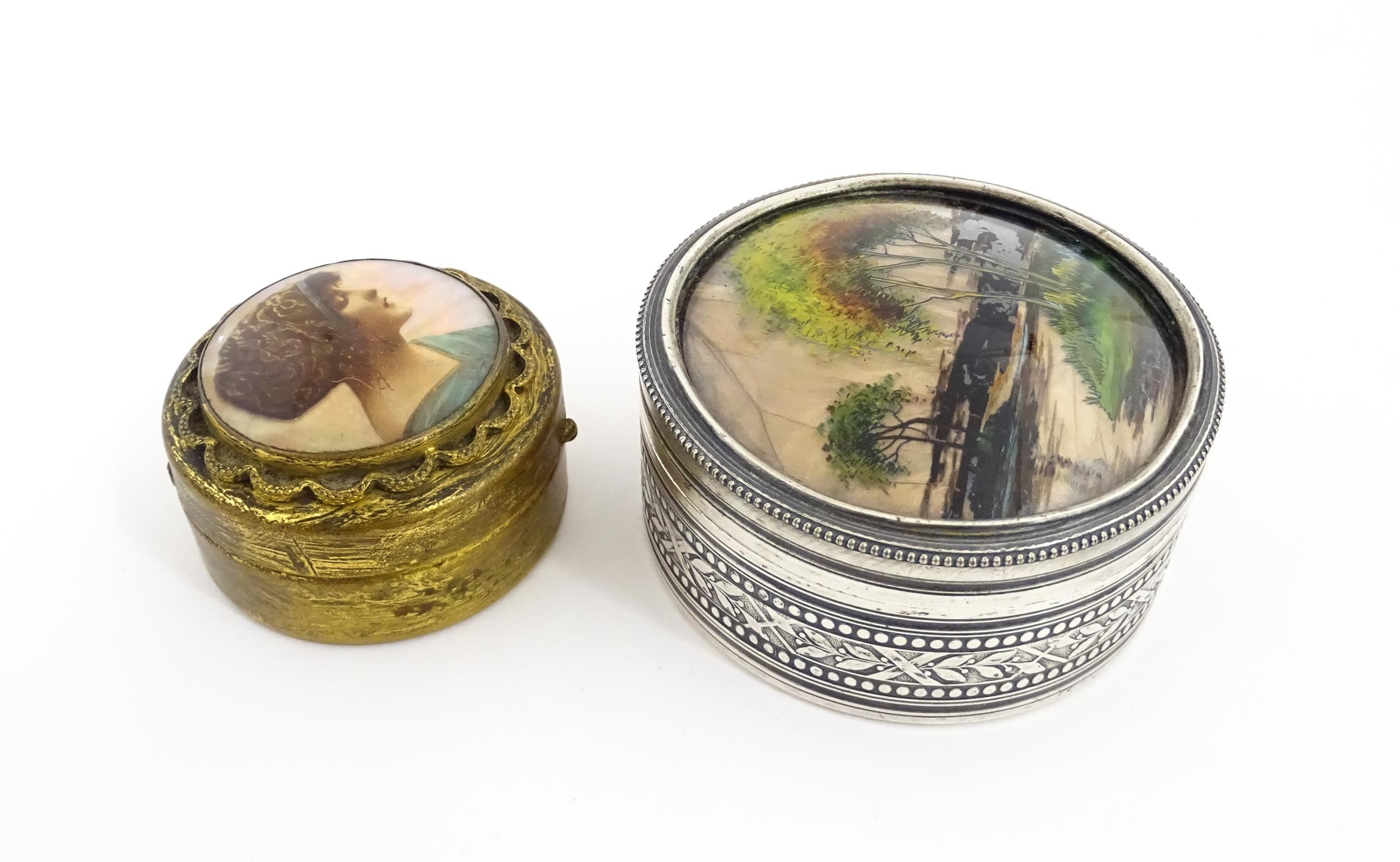 A 20thC silver plate pot and cover of circular form, the lid decorated with trees and river scene - Image 7 of 7