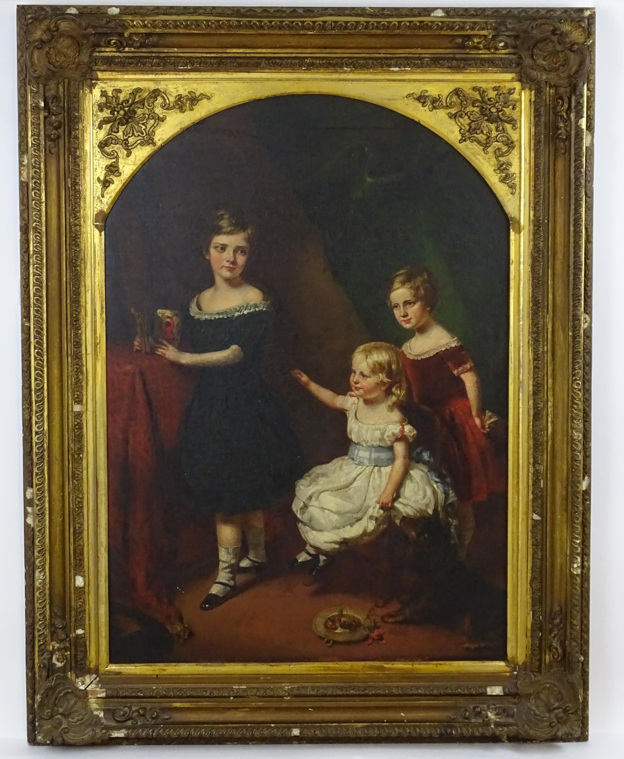 19th century, English School, Oil on canvas, A portrait of three children and a dog. Approx. 31" x