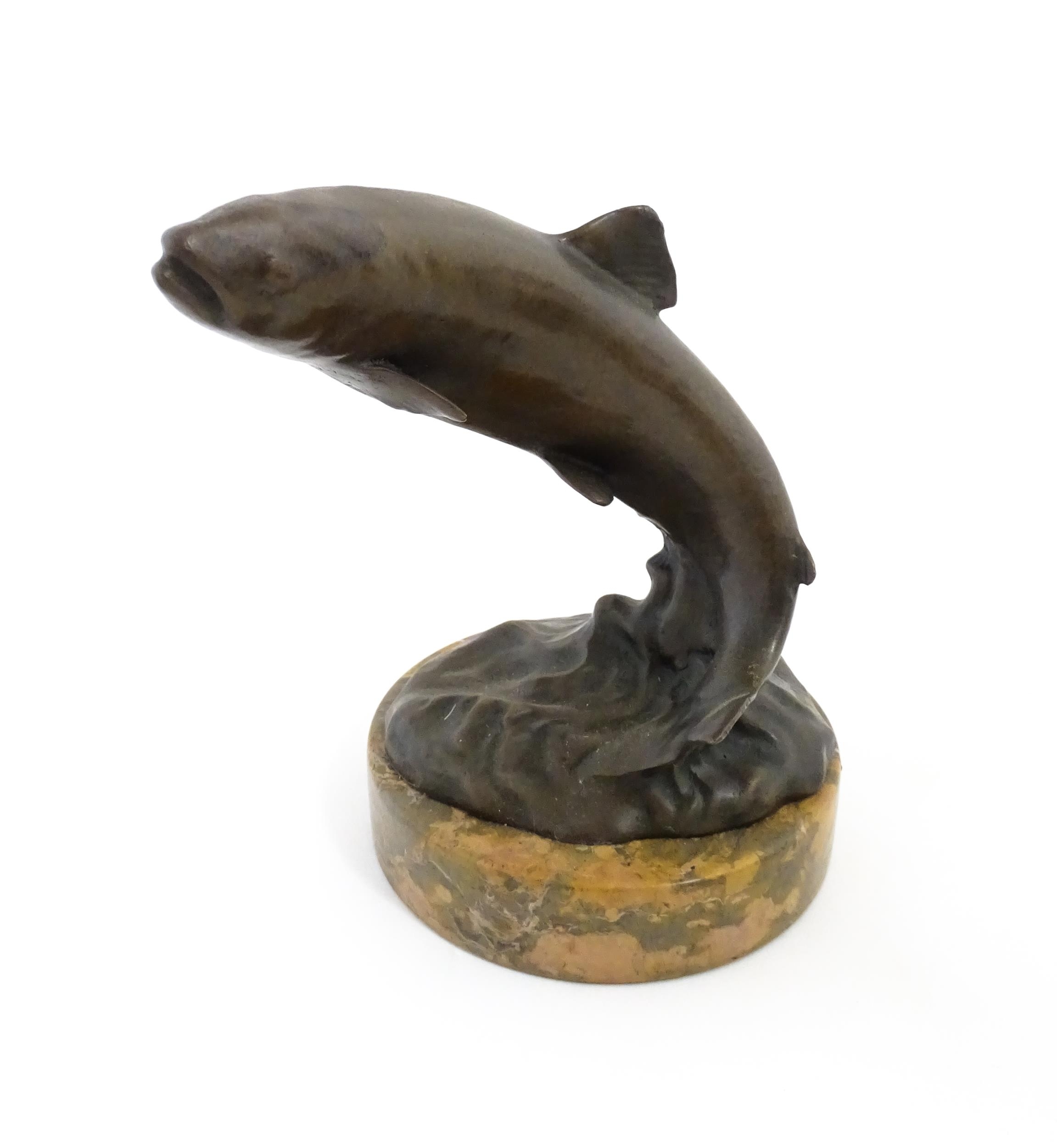 A 20thC cast bronze sculpture modelled as a leaping salmon / fish. Cast signature Andre to base. - Image 2 of 9