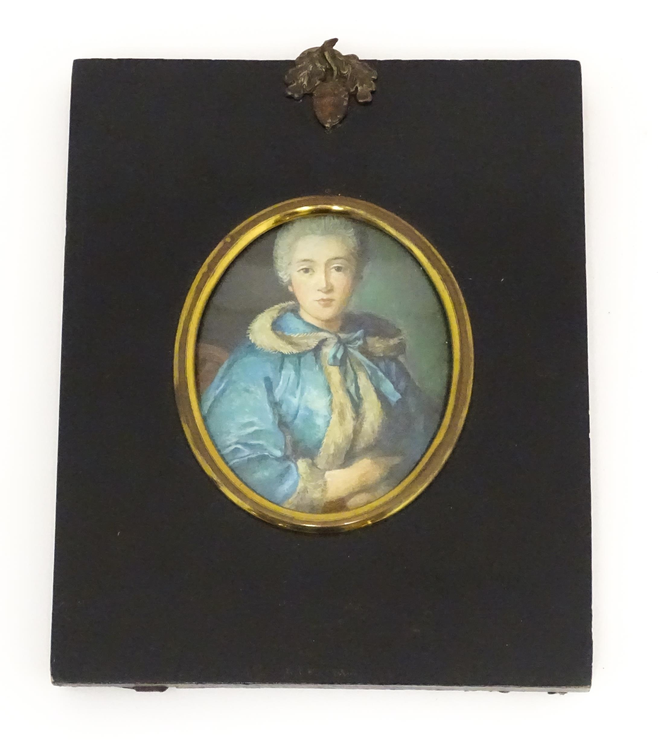 An early 20thC oil on card portrait miniature depicting The Comtesse de Tillieres after Jean-Marc