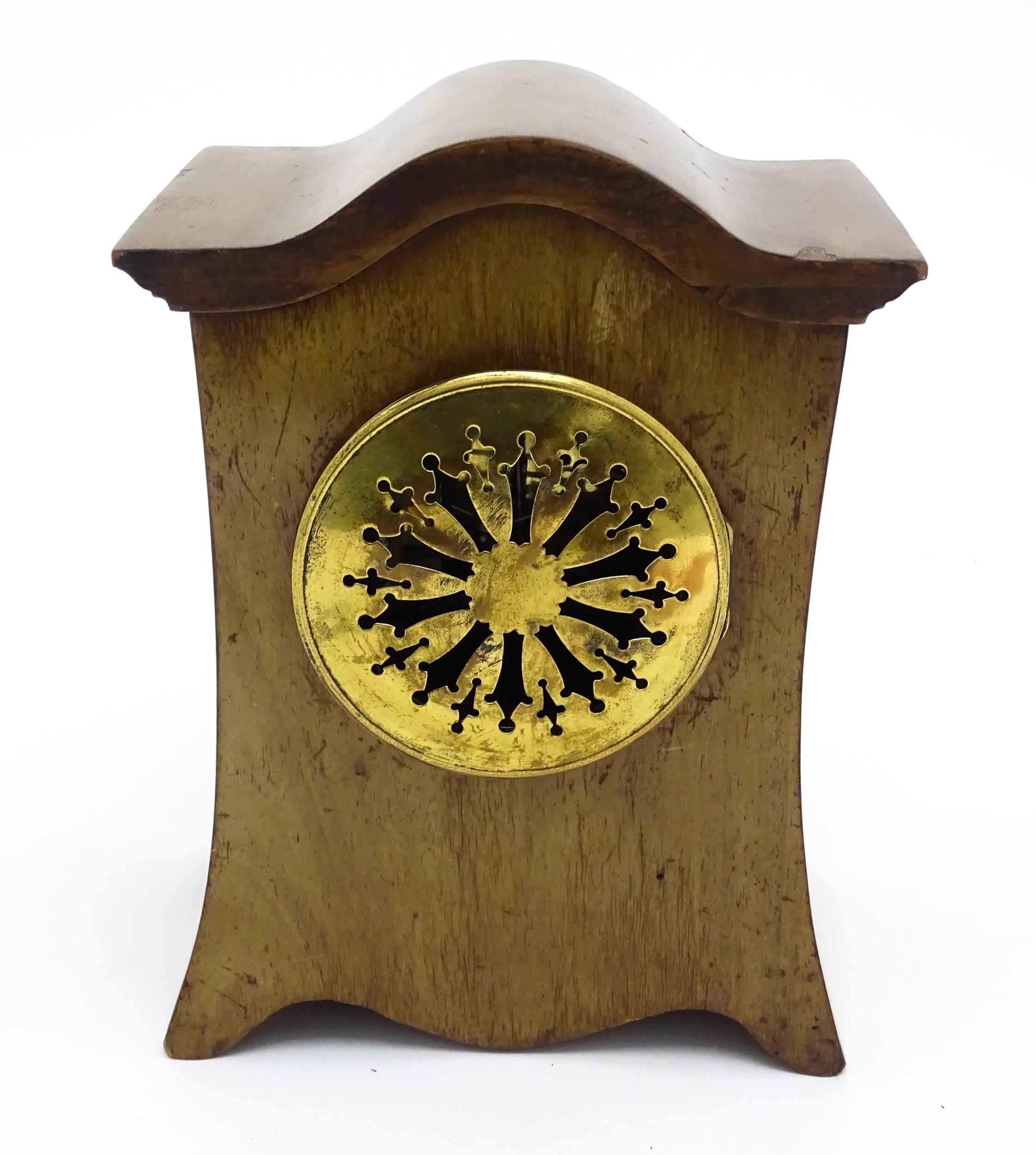 A late 19thC / early 20thC mahogany cased French mantle clock with satinwood inlay and white - Image 9 of 10