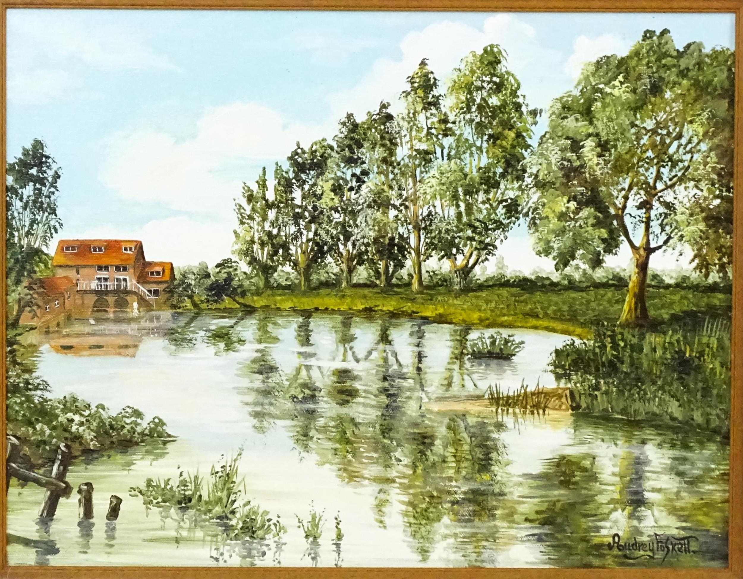 Audrey Foskett, 20th century, Oil on canvas, A river lined by a row of trees with building beyond. - Image 3 of 4