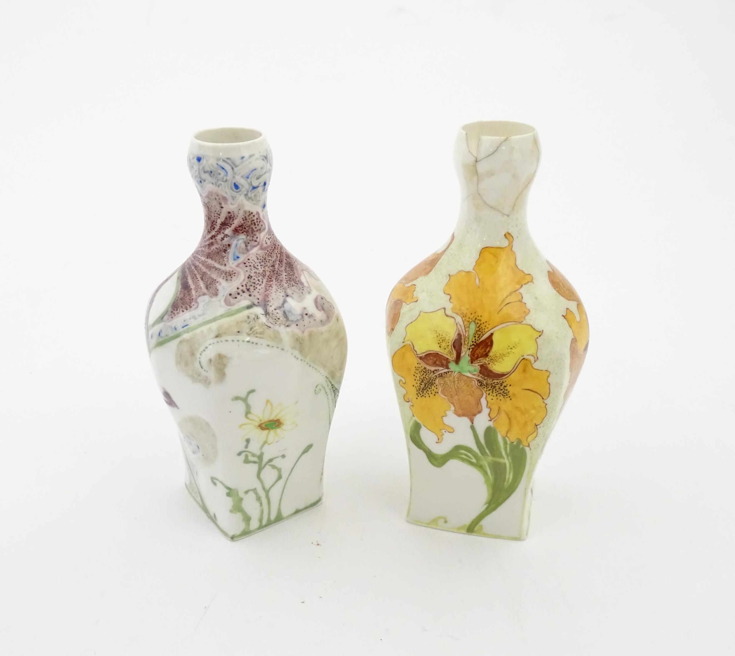 Two Rozenburg eggshell porcelain vases, one decorated with purple flowers, the other with orange - Image 7 of 8