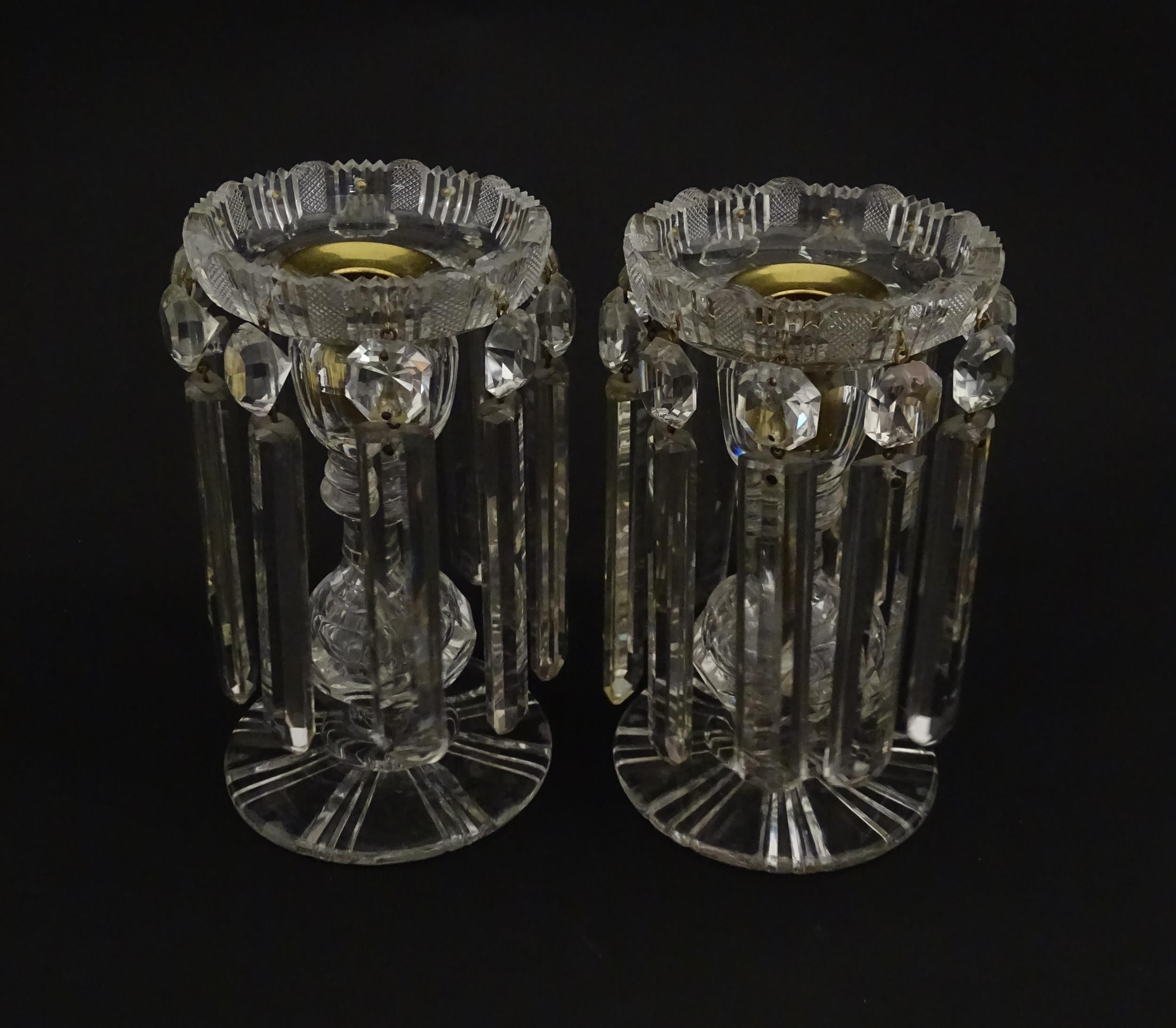 A pair of 20thC cut glass table lustres / candle stands. Approx. 7" high (2) Please Note - we do not - Image 6 of 8