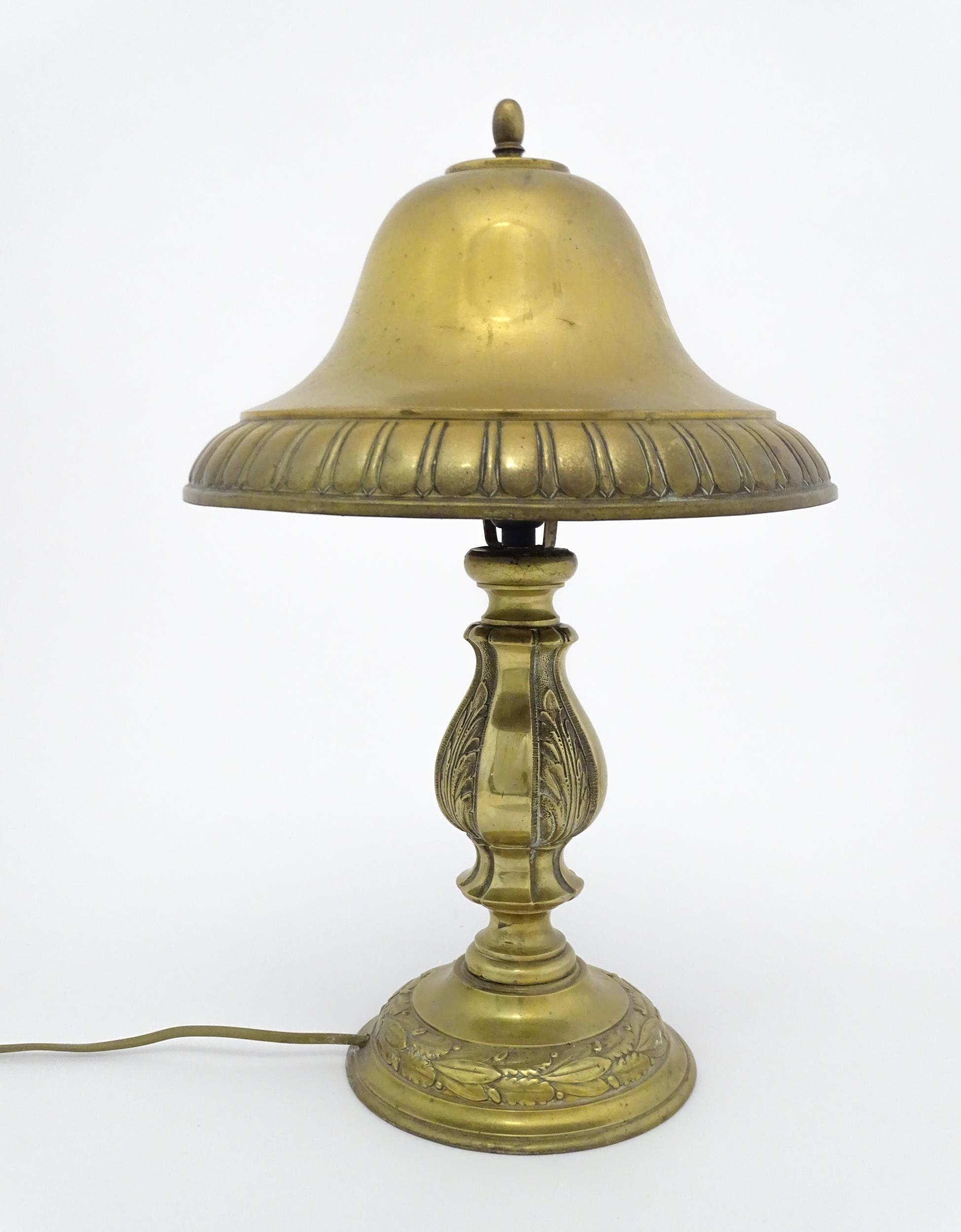 A 20thC brass table lamp with foliate detail and brass domed shade. Approx. 17" high Please Note - - Image 2 of 15