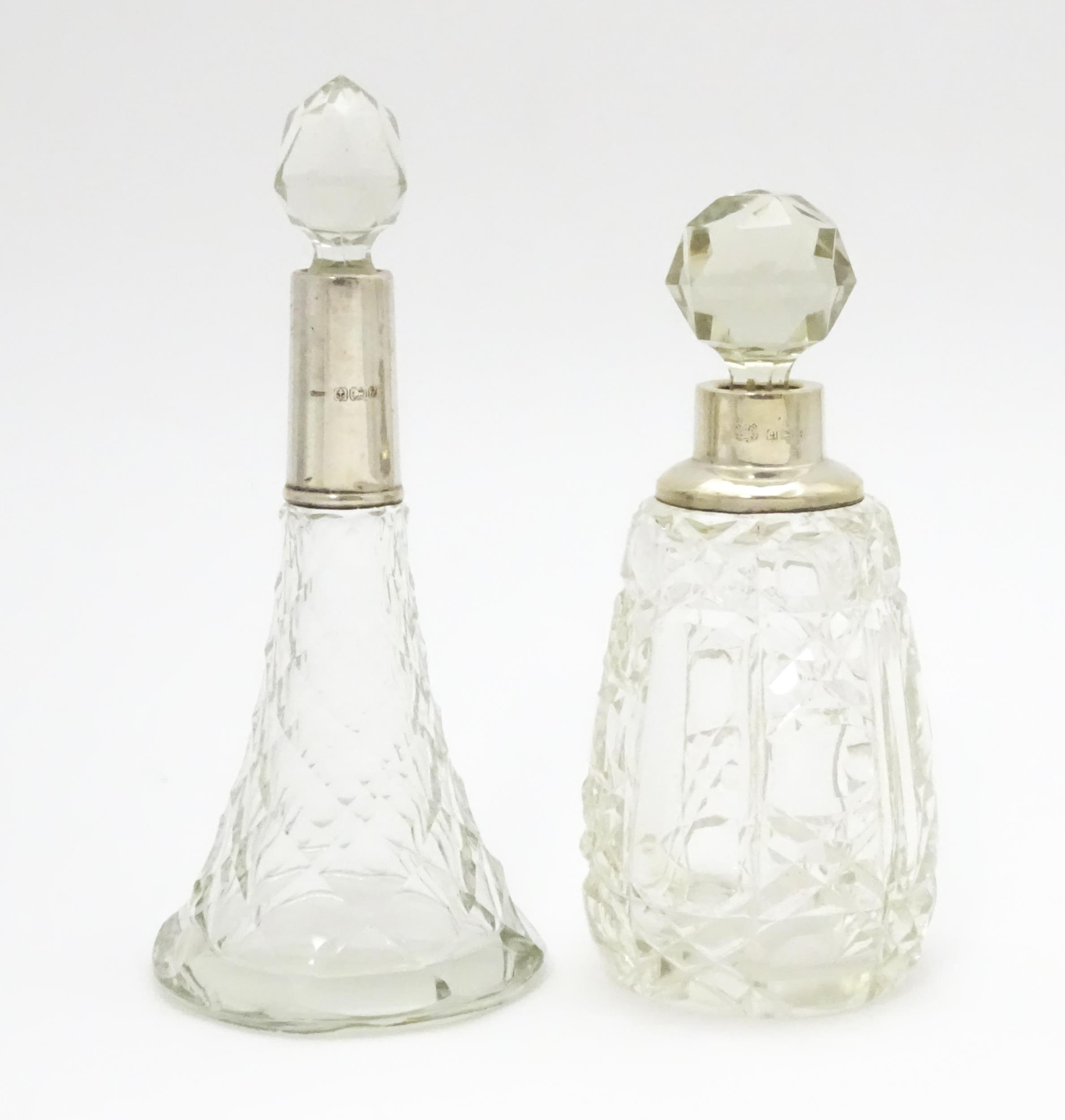 Two cut glass scent / perfume bottles with silver mounts, one hallmarked Birmingham 1921, maker A - Image 2 of 15