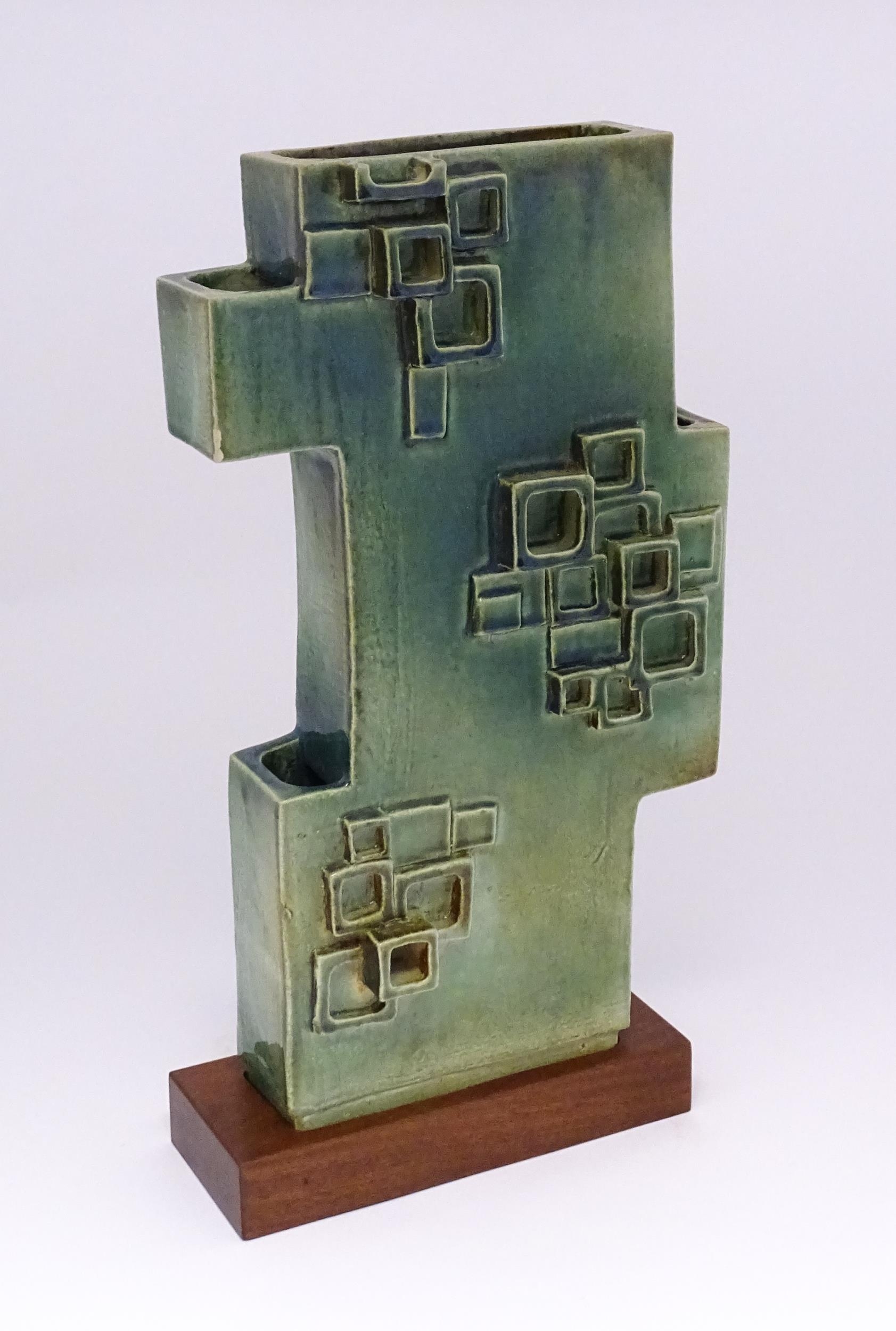 An abstract studio pottery sculpture / vase with square detail by Stephen Bailey. Stamped to base. - Image 3 of 8