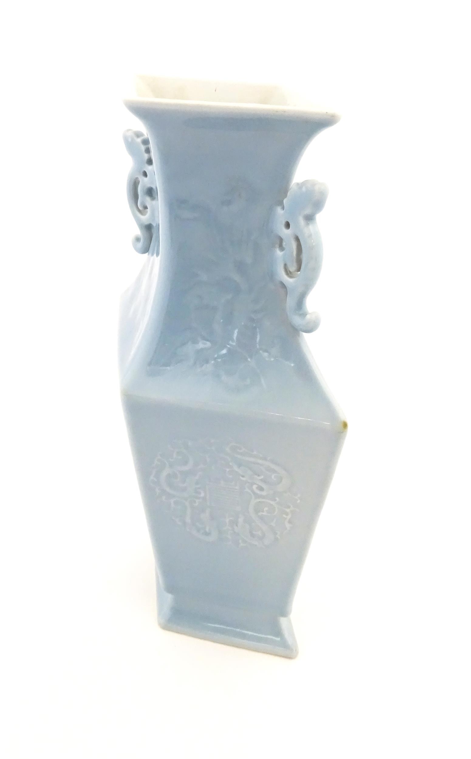 A Chinese vase of angular baluster form with a pale blue ground and twin handles, decorated with - Image 5 of 8