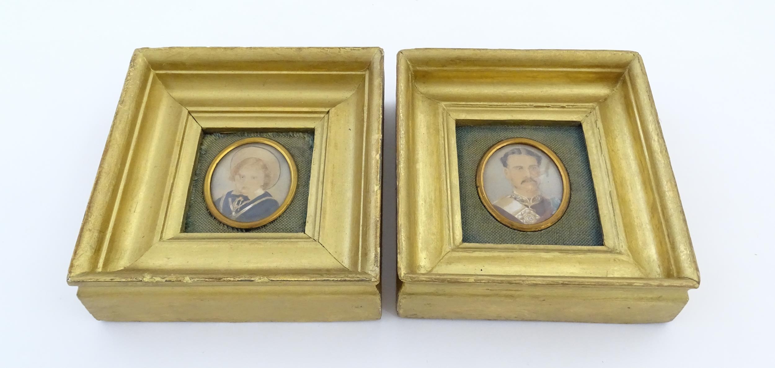 Two 19thC watercolour portrait miniatures, one depicting a gentleman wearing military dress, the - Image 8 of 14