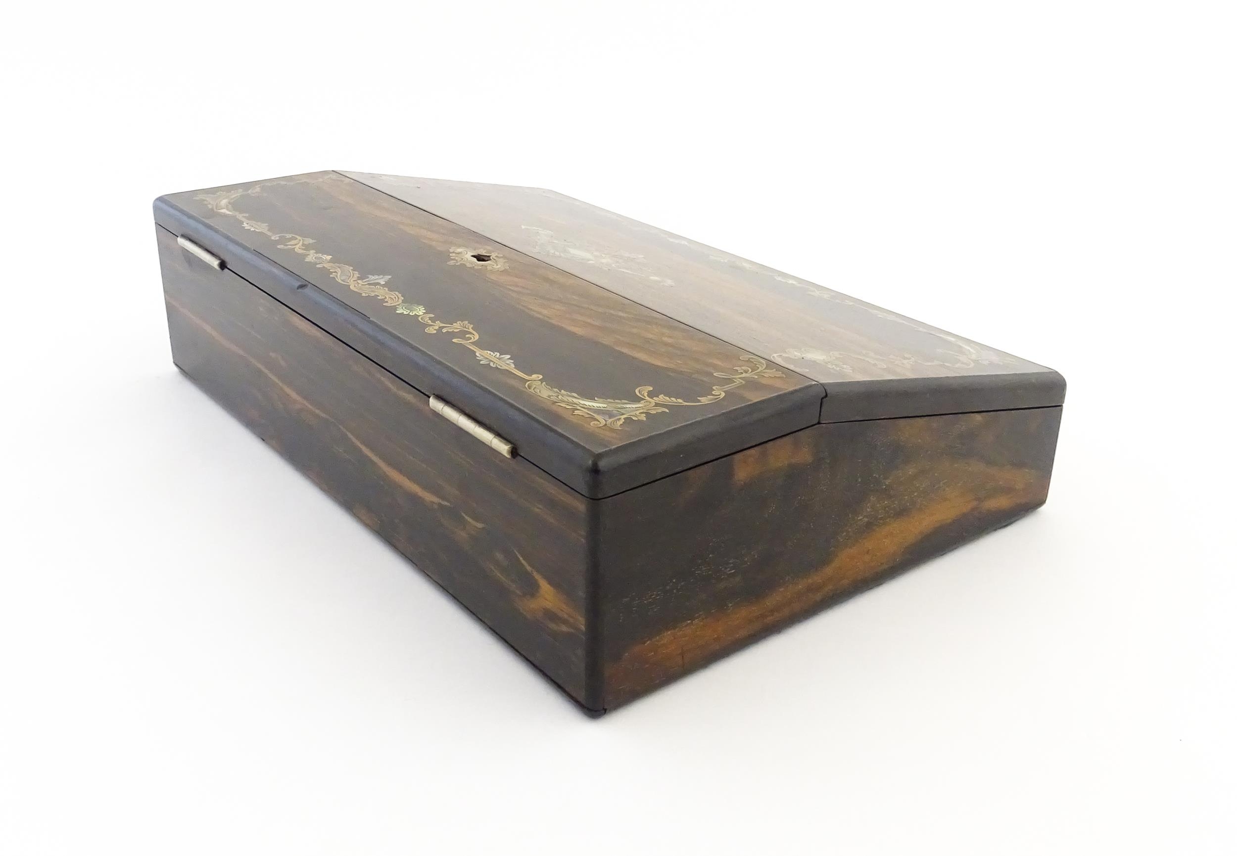 A Victorian coromandel writing box / slope with inlaid brass, mother of pearl and abalone - Image 7 of 20