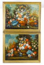 19th century, Oil on canvas, Two still life studies with blooming flowers in urn style vases and