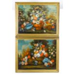 19th century, Oil on canvas, Two still life studies with blooming flowers in urn style vases and