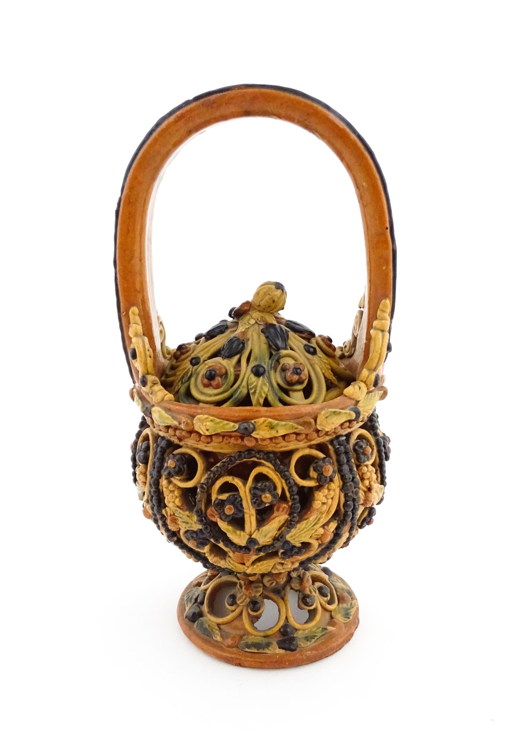 A Continental earthenware fire / charcoal basket in the Flemish style / pot pourri with openwork - Image 2 of 6