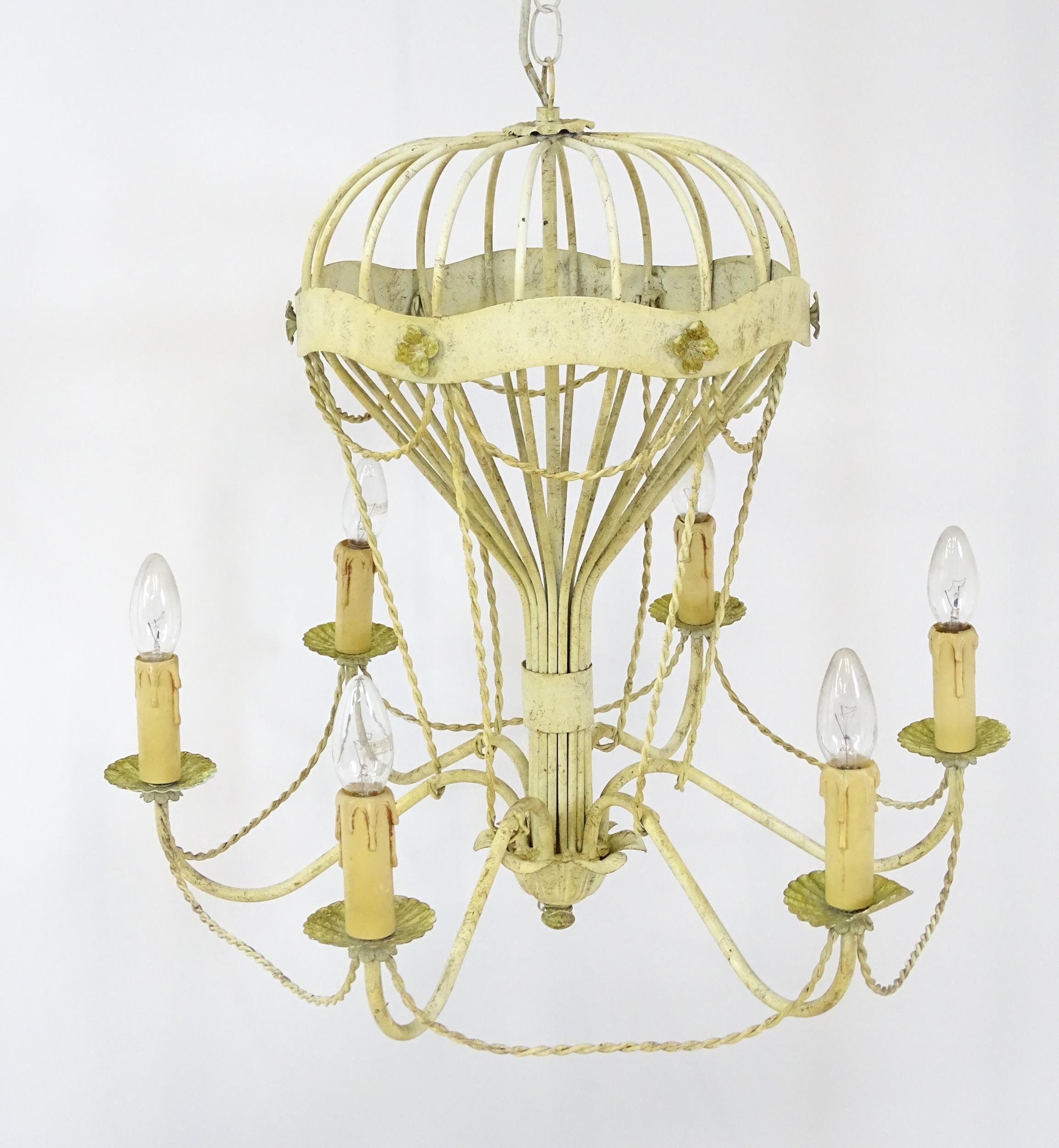 Two pendant ceiling lights / electroliers formed as stylised hot air balloons and having six - Image 2 of 16