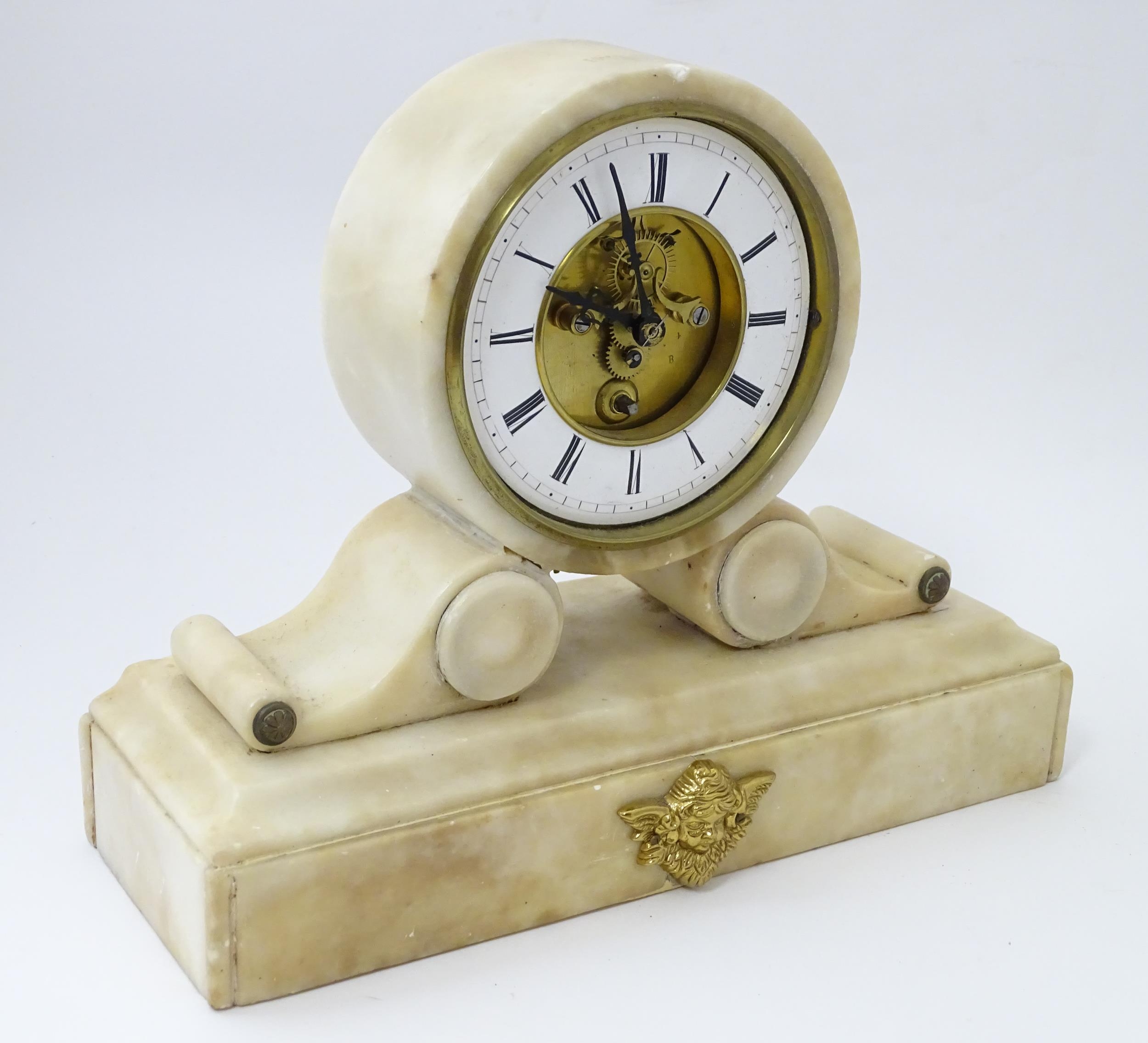 A 19thC French alabaster drum head clock by Farcot, Paris, with Roman chapter ring and visible - Image 4 of 7