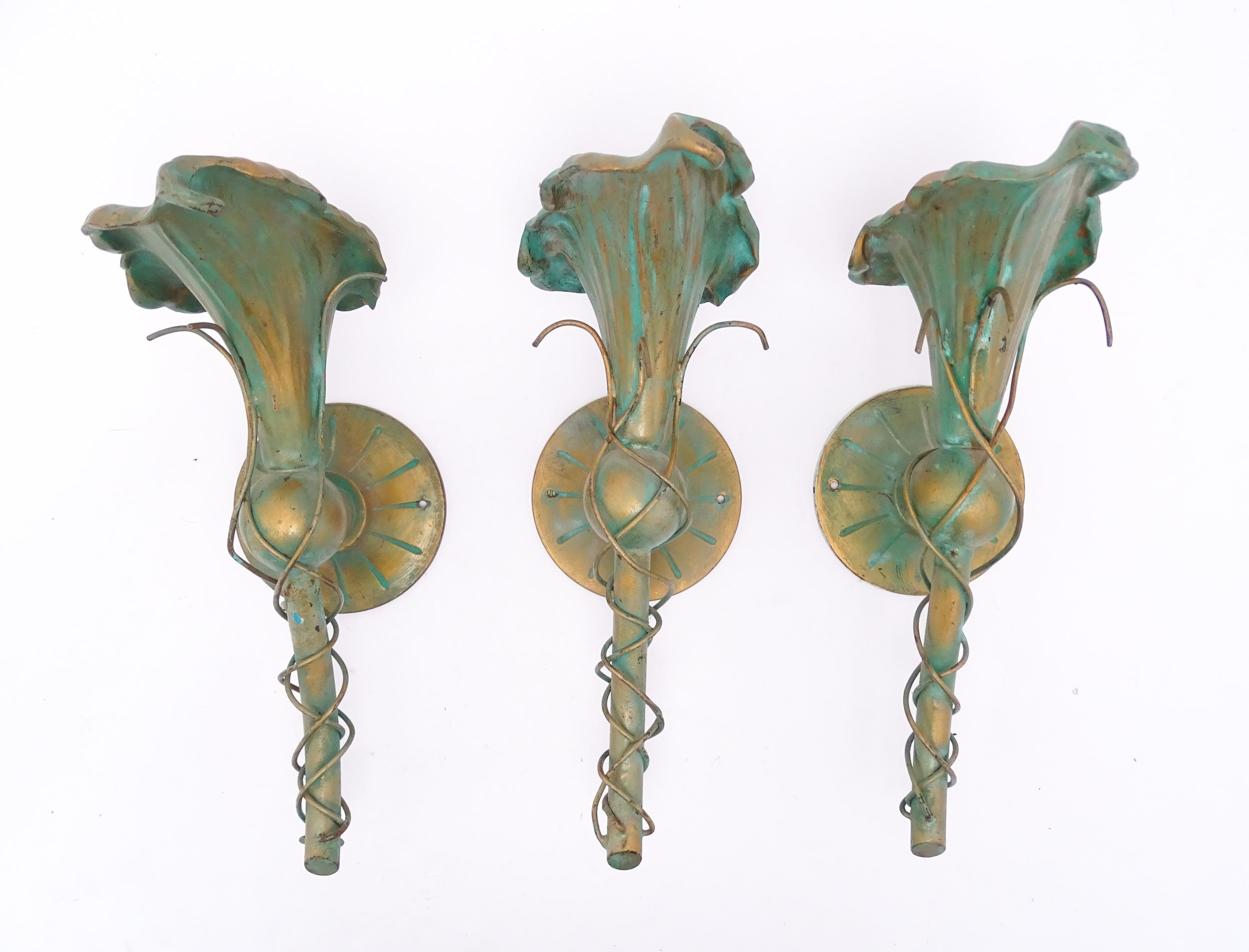 Three wall lamps of Art Nouveau style calla lily flower form. Approx. 14 1/4" high (3) Please Note - - Image 2 of 8