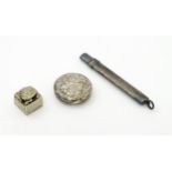 Three assorted items to include a silver pencil holder hallmarked London 1909 maker Sampson Mordan &