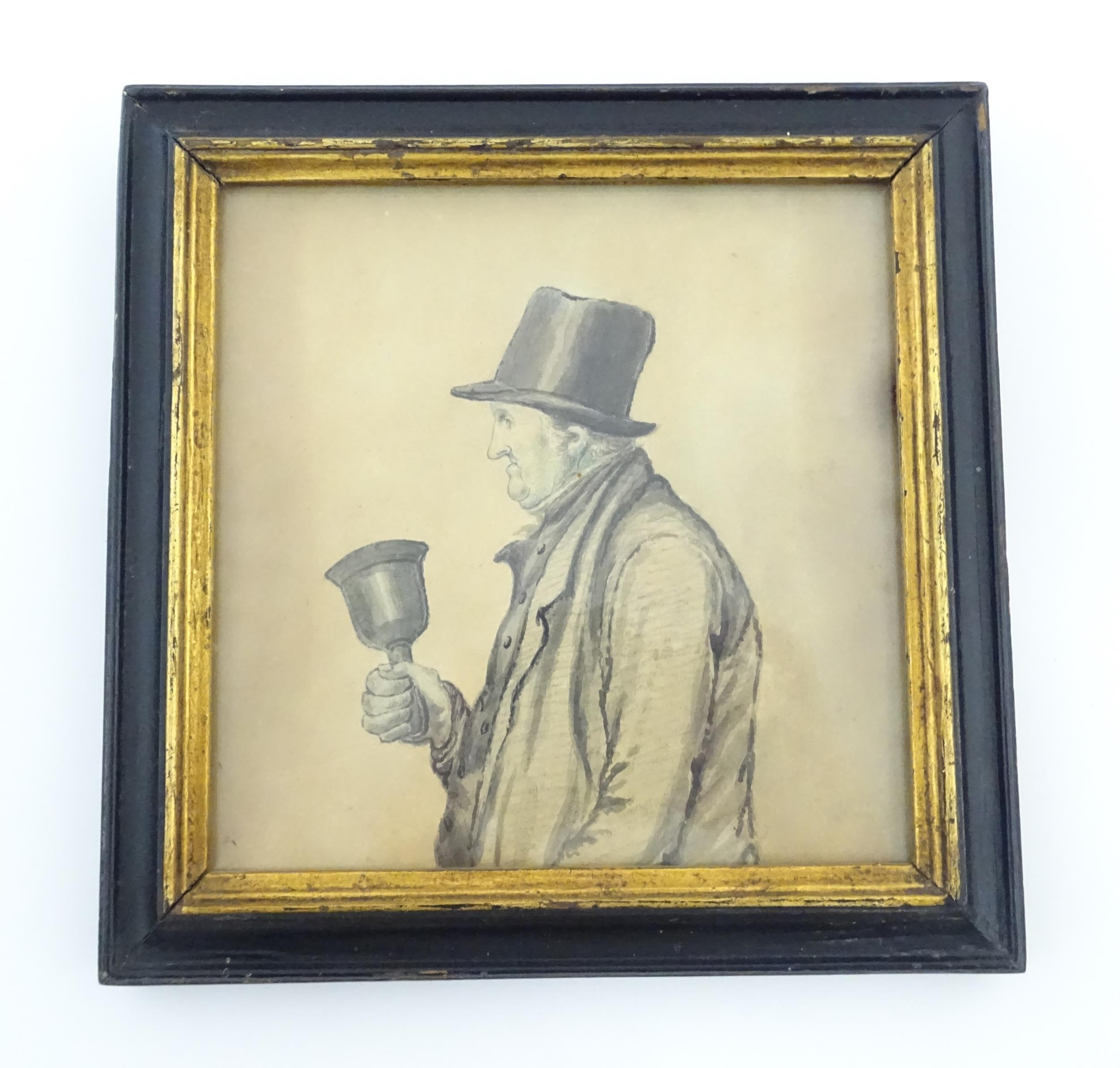 An early 20thC watercolour depicting a portrait of a gentleman bell ringer in profile. Approx. 5 1/ - Image 4 of 10