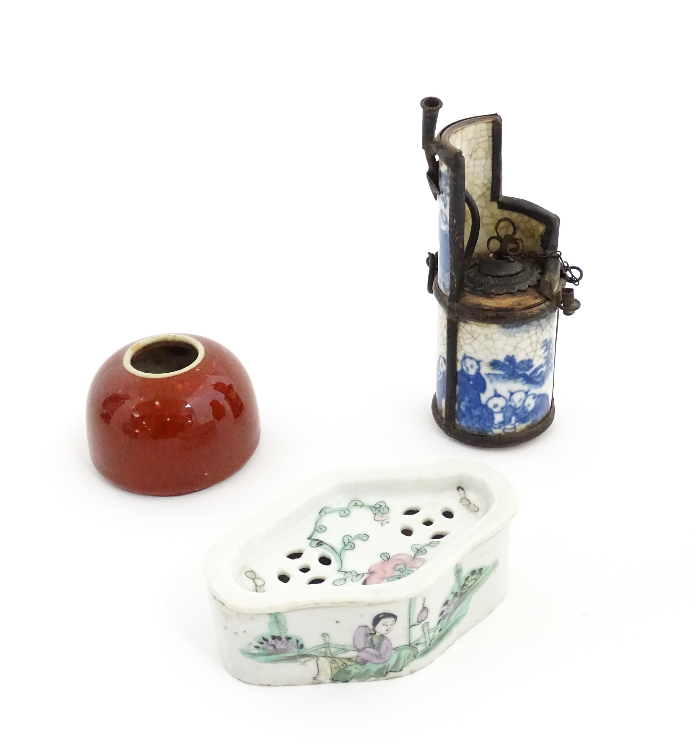 Three Chinese items comprising a cricket box decorated with a figure, flowers and Character - Image 6 of 27