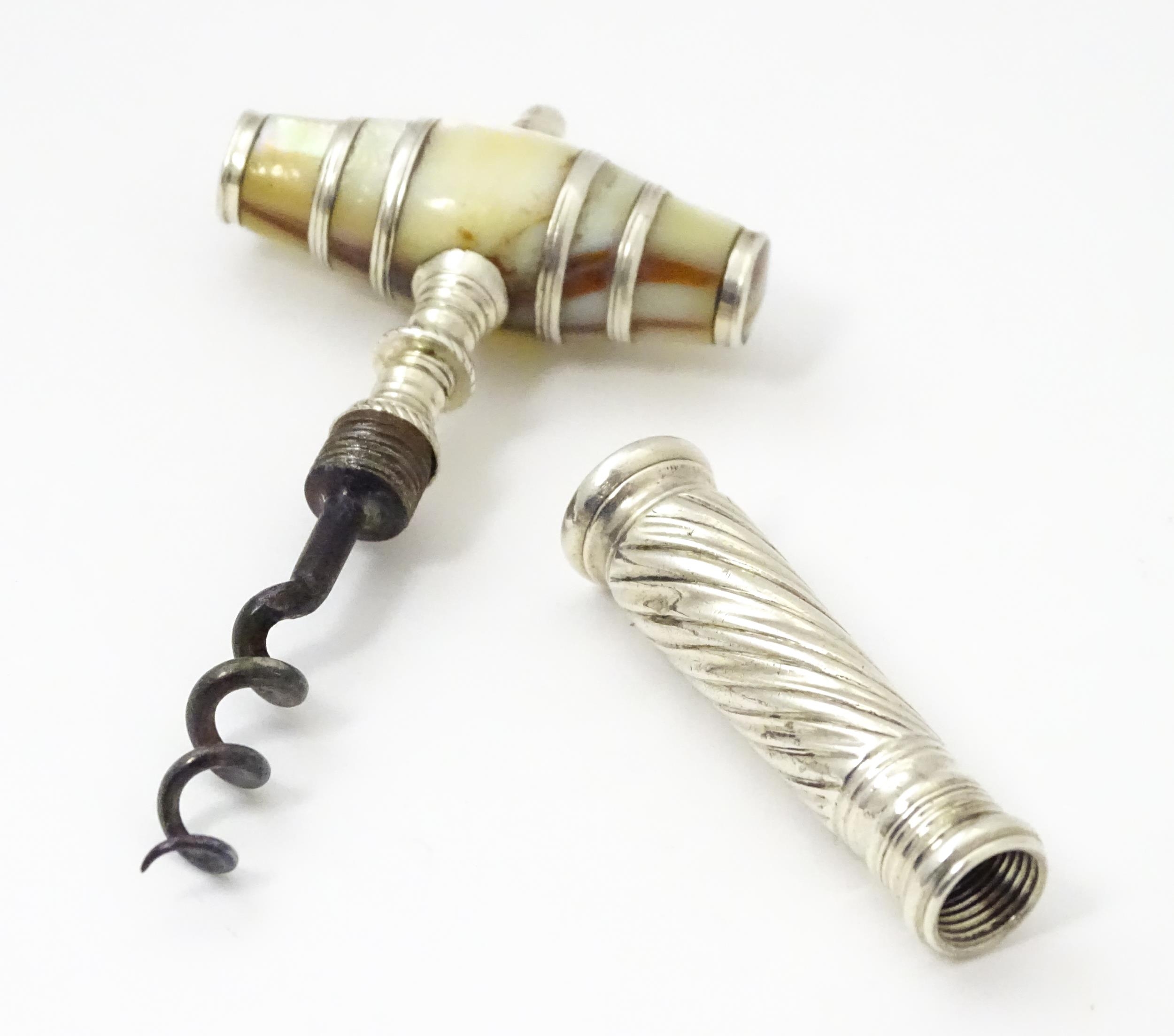 An 18thC silver pocket / travelling corkscrew with mother of pearl handle of barrel form, maker - Image 4 of 6