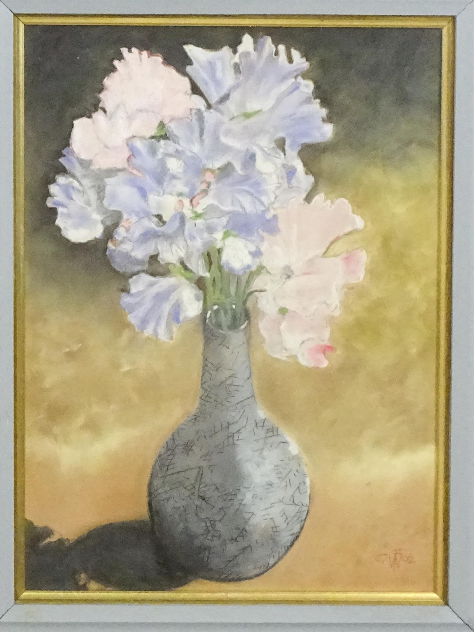 Early 21st century, Pastels, A still life study with pink and purple sweet pea flowers in a vase - Image 3 of 4