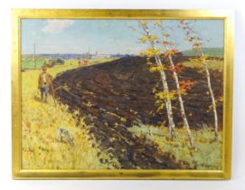 20th century, Russian School, Oil on canvas, A farming landscape with farmer and dog. Signed in