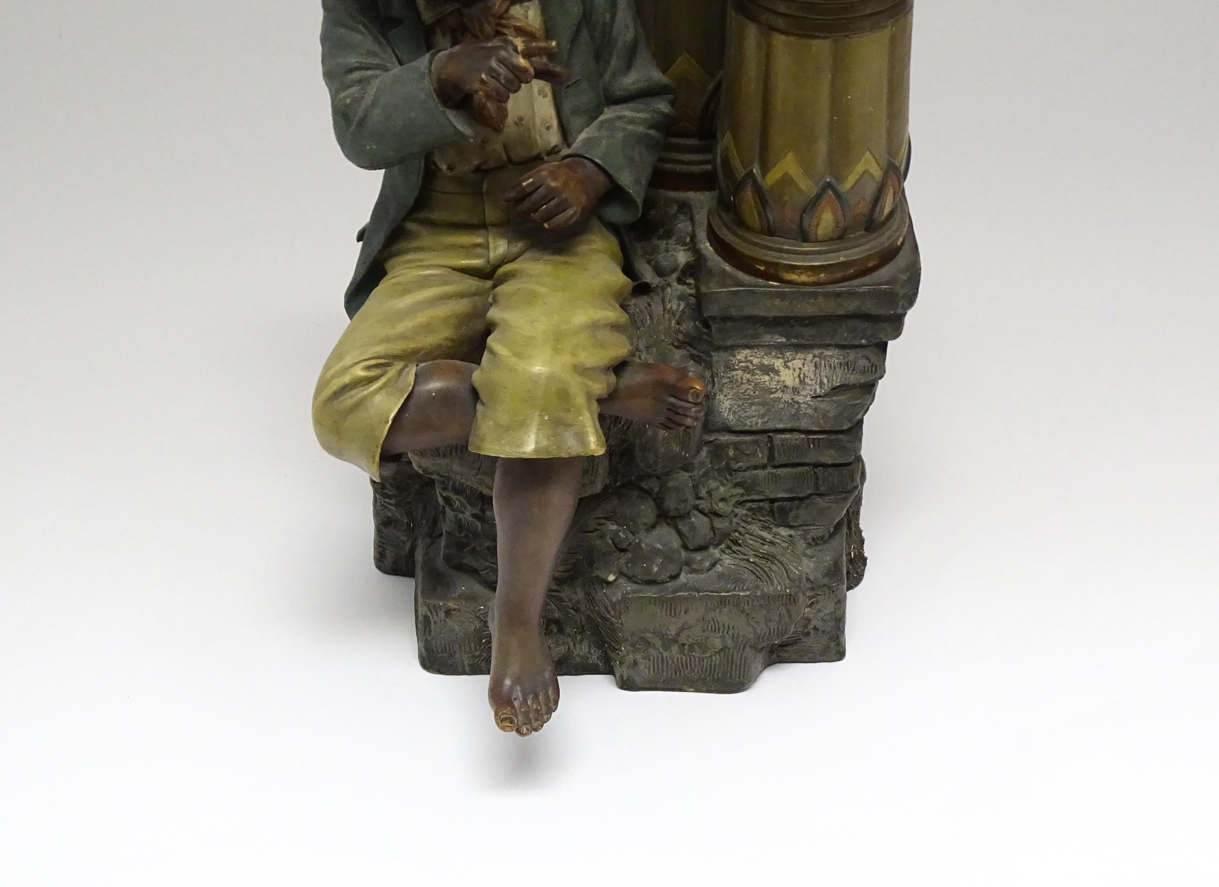 A late 19thC terracotta figure of a boy with decorative columns, having polychrome decoration, by - Image 4 of 11