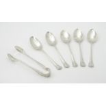 Five silver teaspoons with tongs hallmarked Sheffield 1905, maker Atkin Brothers. Tongs approx. 4