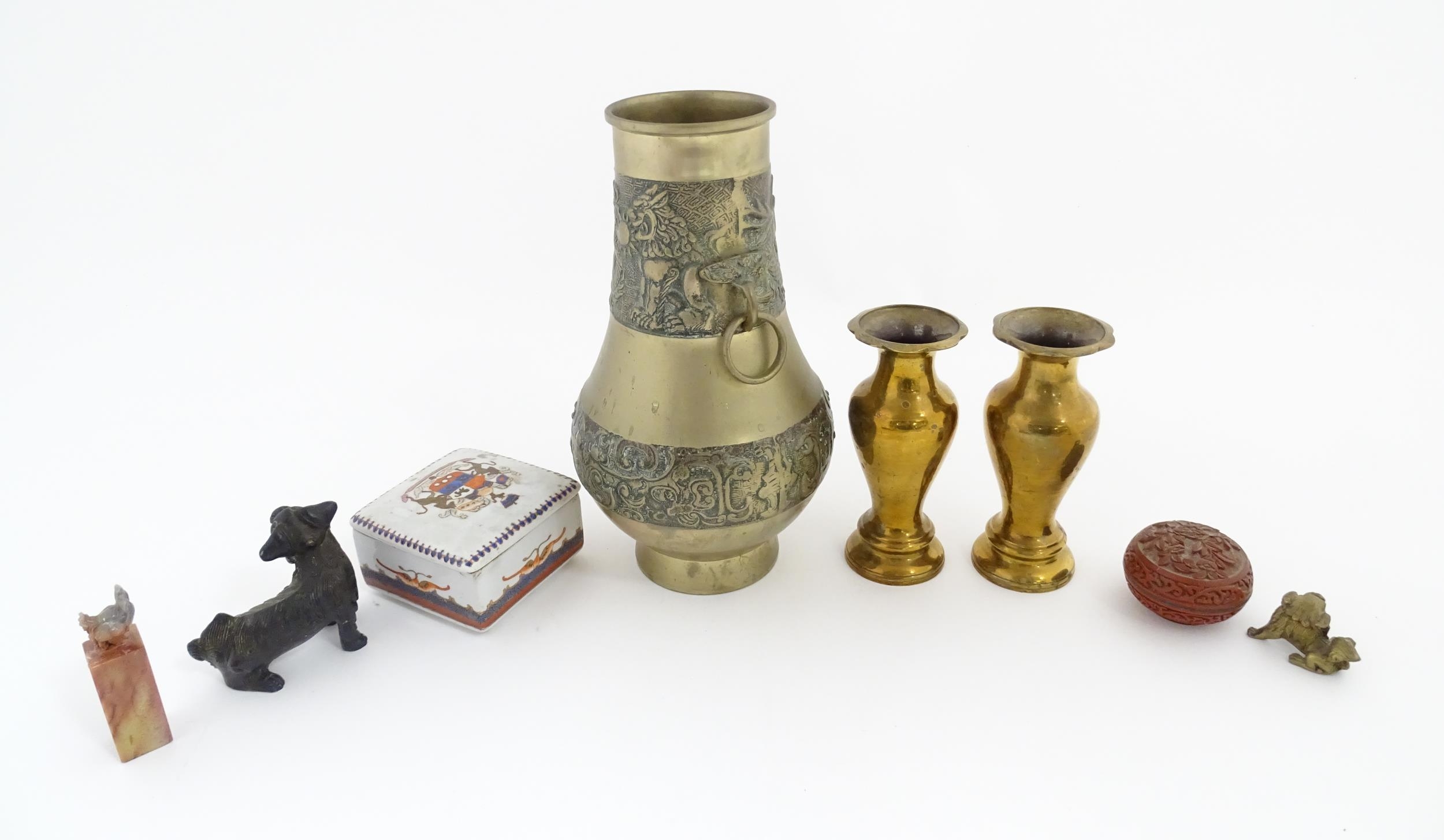 A quantity of assorted Oriental items to include a pair of cast brass vases of tapering form with - Image 7 of 12