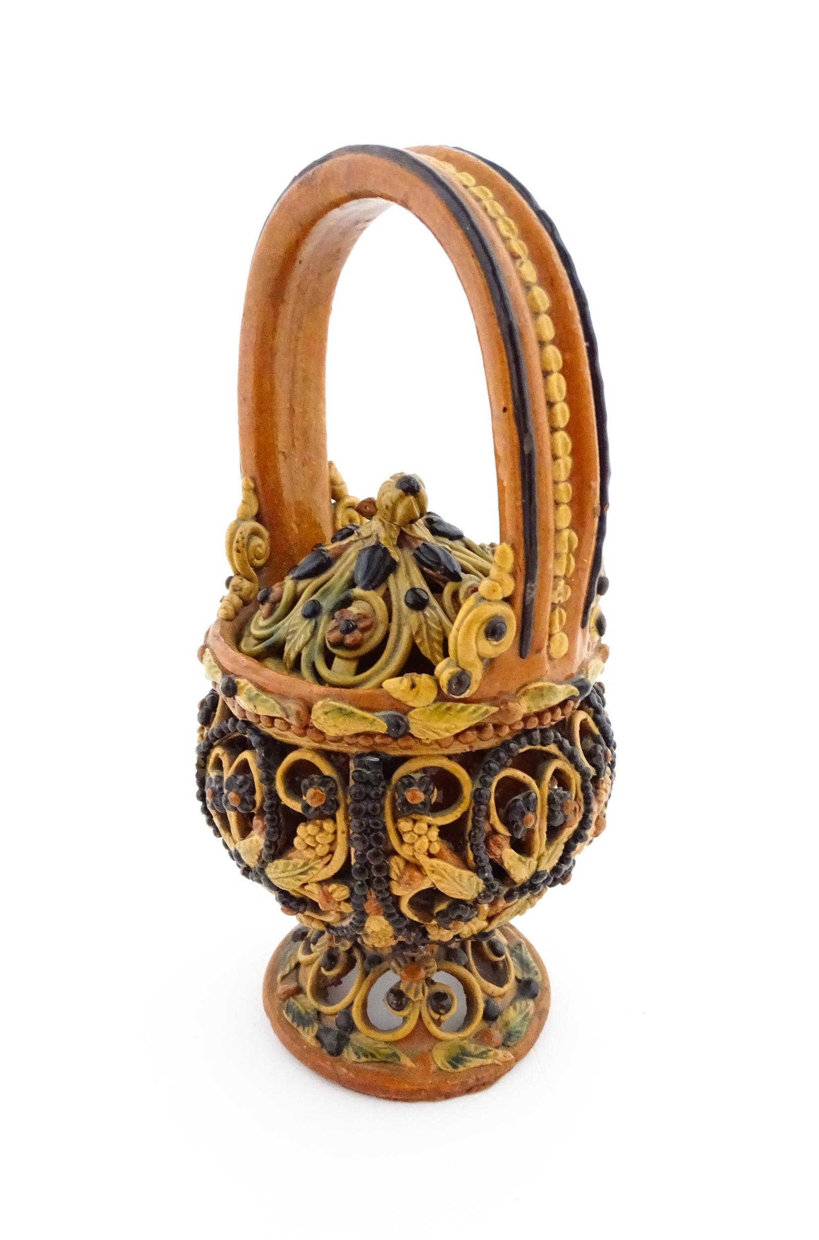 A Continental earthenware fire / charcoal basket in the Flemish style / pot pourri with openwork - Image 3 of 6