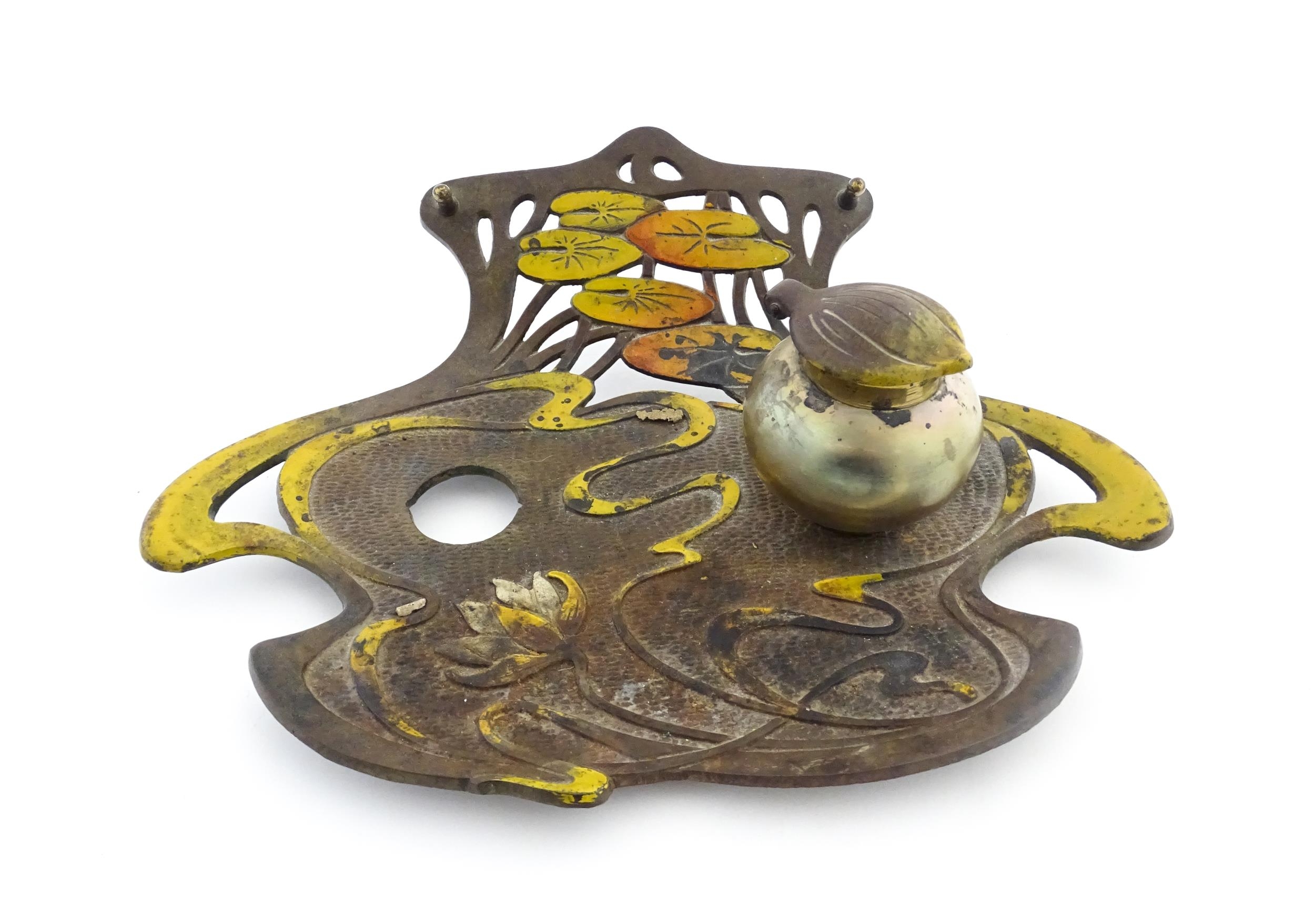 An Art Nouveau / Jugendstil cast standish of shaped form with enamel waterlily and lotus flower - Image 2 of 8