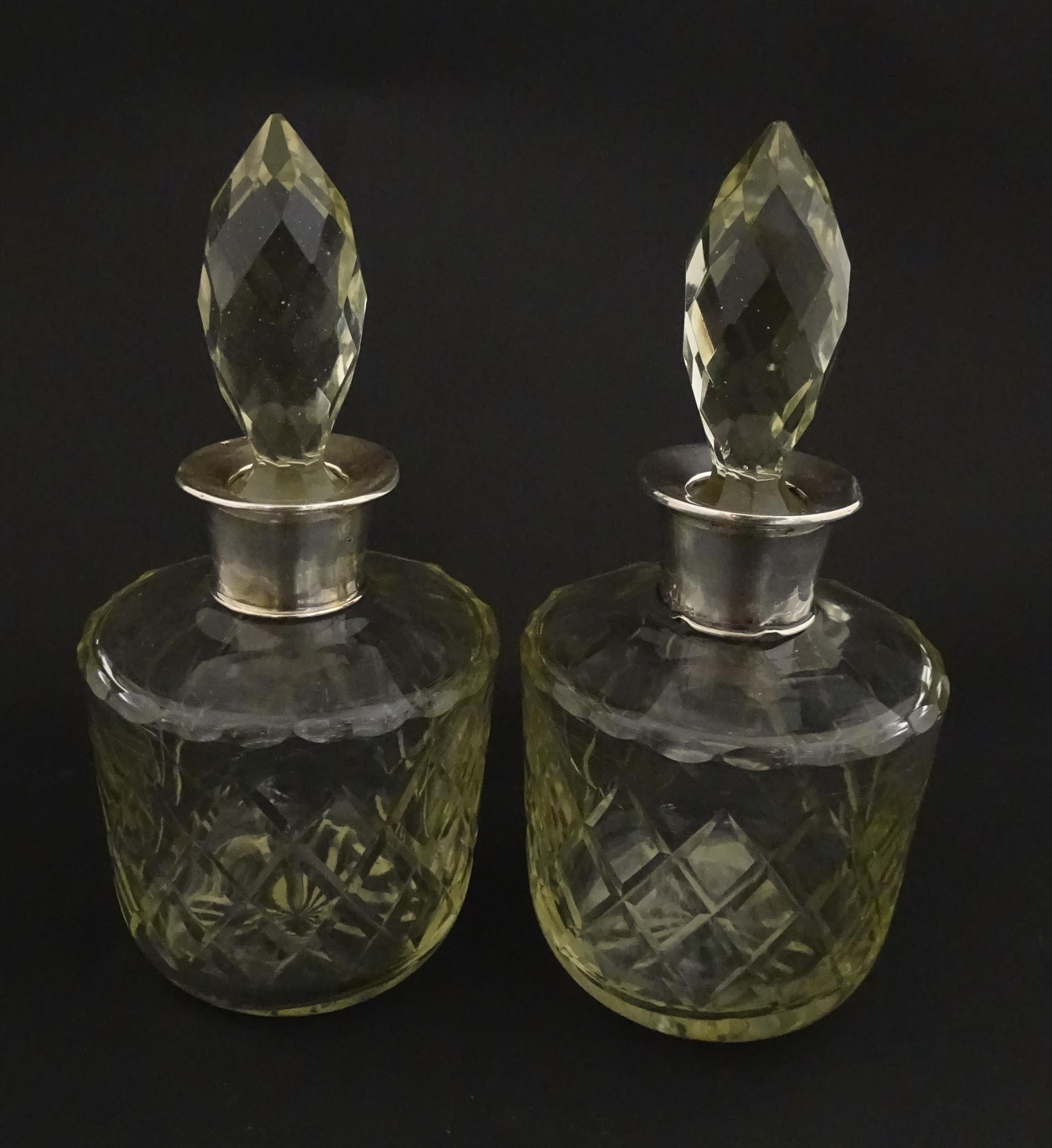 Two glass flasks formed as small cut glass decanters with Argentinian .925 silver mounts. Approx. 8" - Image 6 of 10