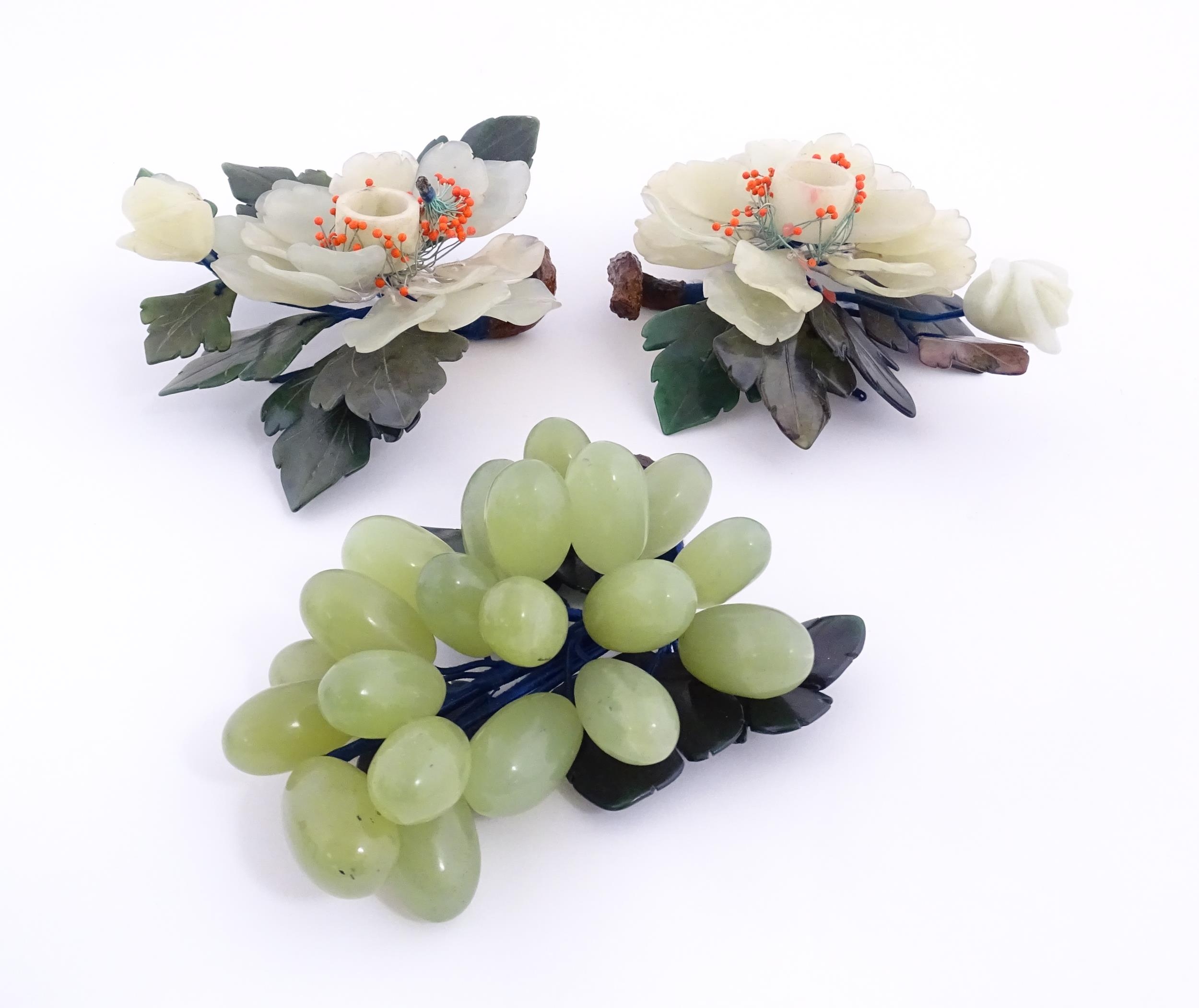 Two Chinese hardstone flower groups with bead detail. Together with a hardstone model of a bunch