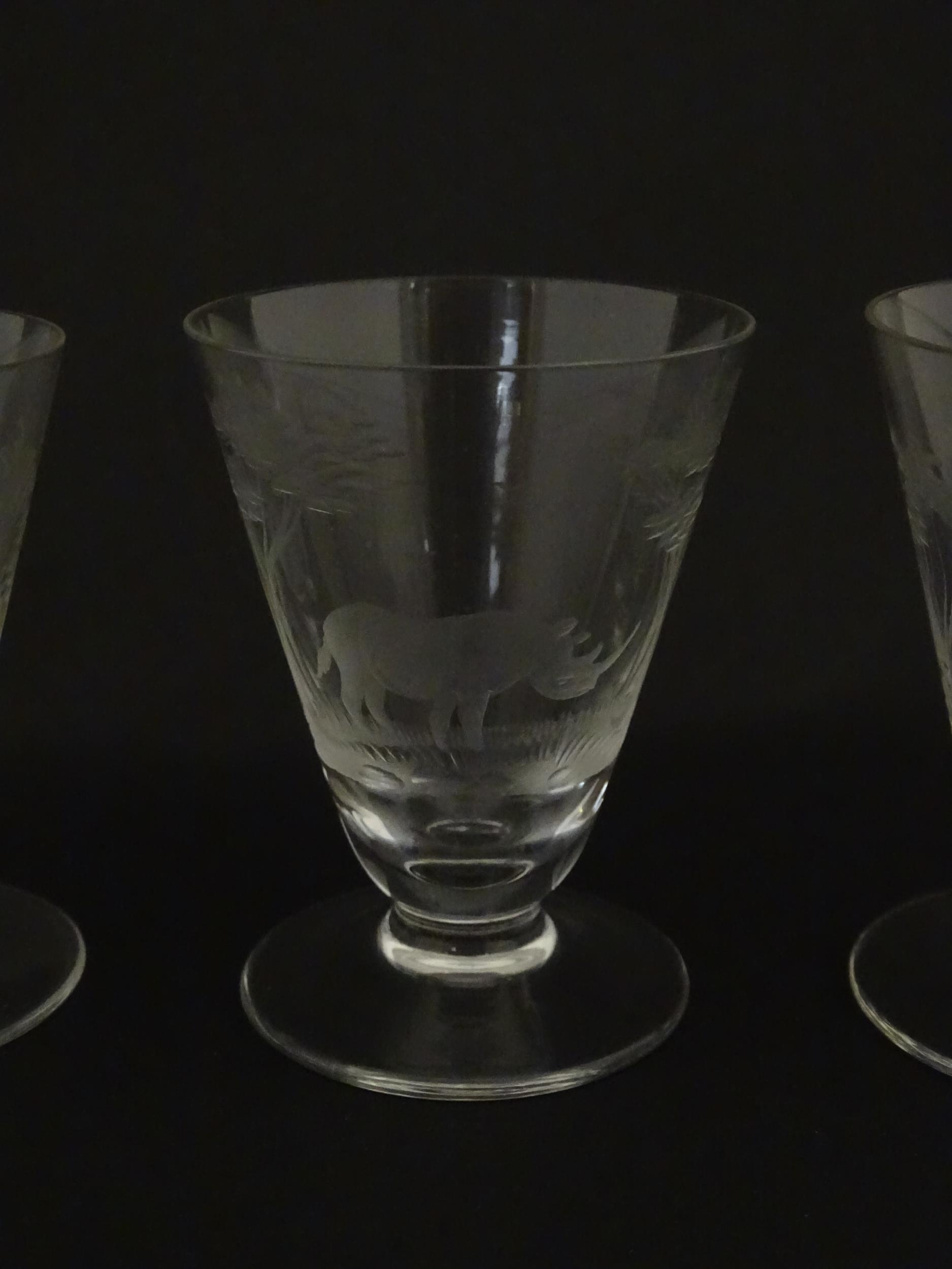 Rowland Ward sherry / liquor glasses with engraved Safari animal detail. Unsigned. Largest approx. - Image 9 of 26