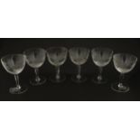 Six Rowland Ward wine glasses with engraved Safari animal detail. Unsigned. Approx. 5 1/2" high (