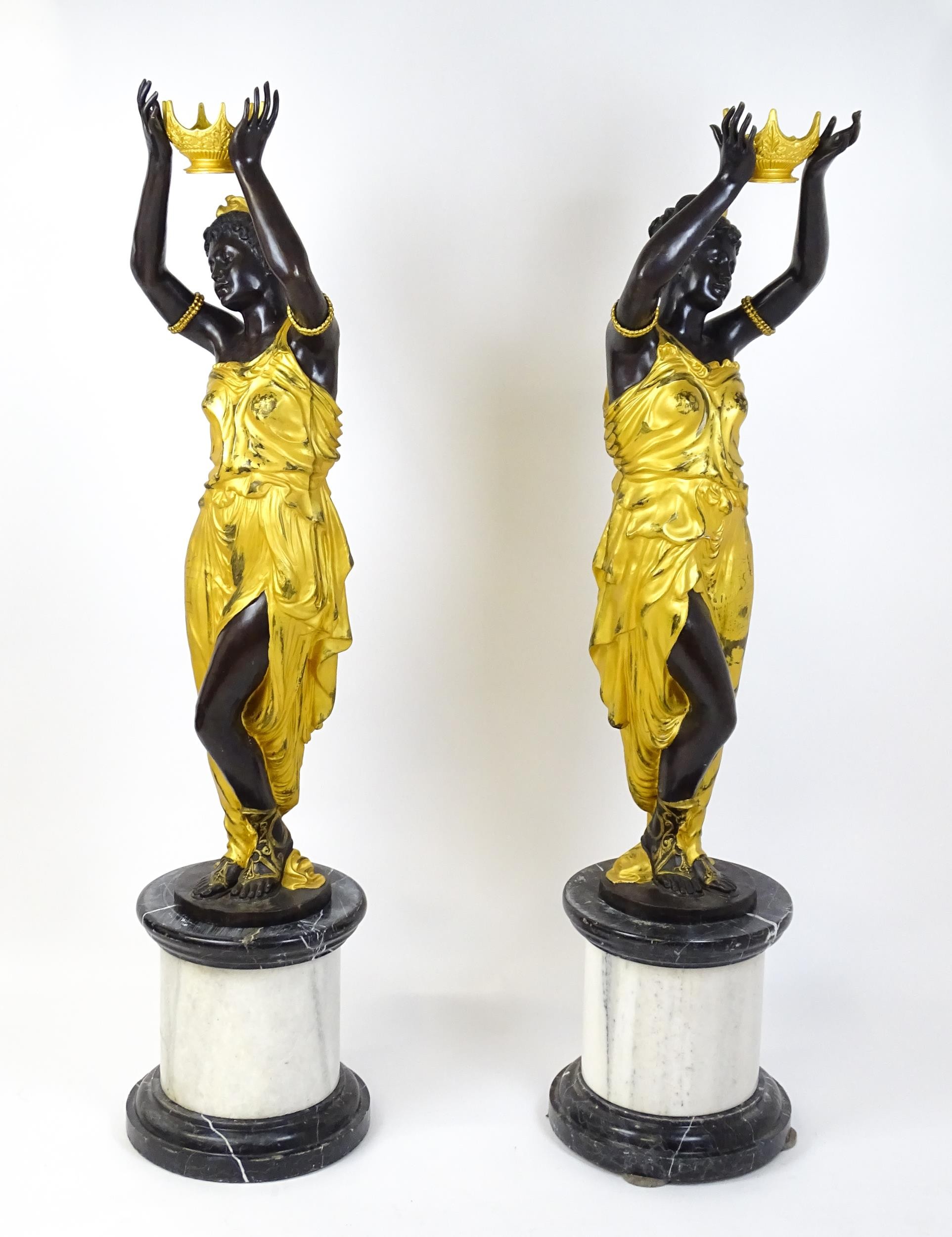 A pair of large cast bronze female blackamoor torcheres with gilt detail, raised on marble - Image 10 of 15