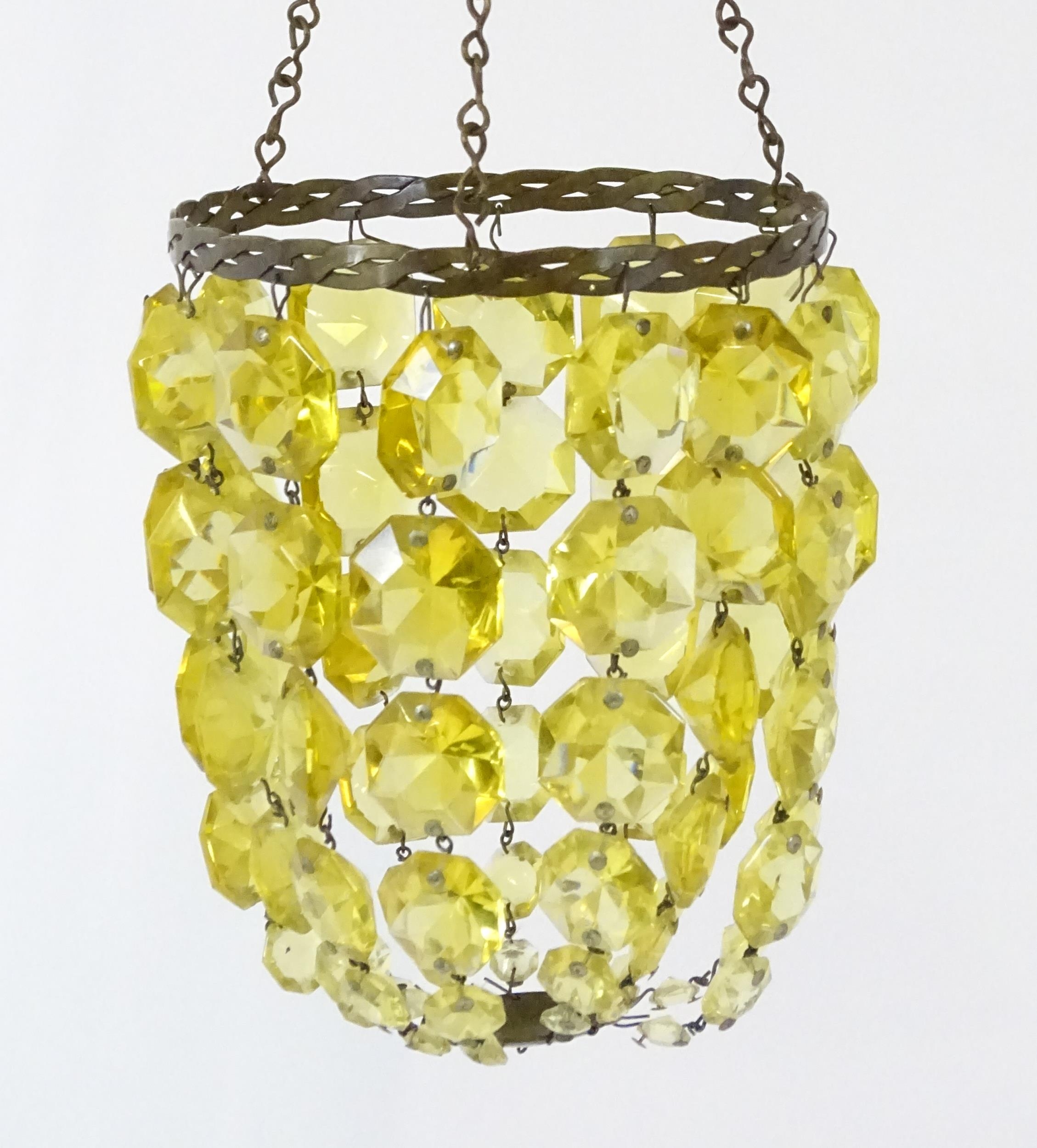 Three assorted pendant bag light shades with lustre drops. Together with a yellow amber glass - Image 2 of 16