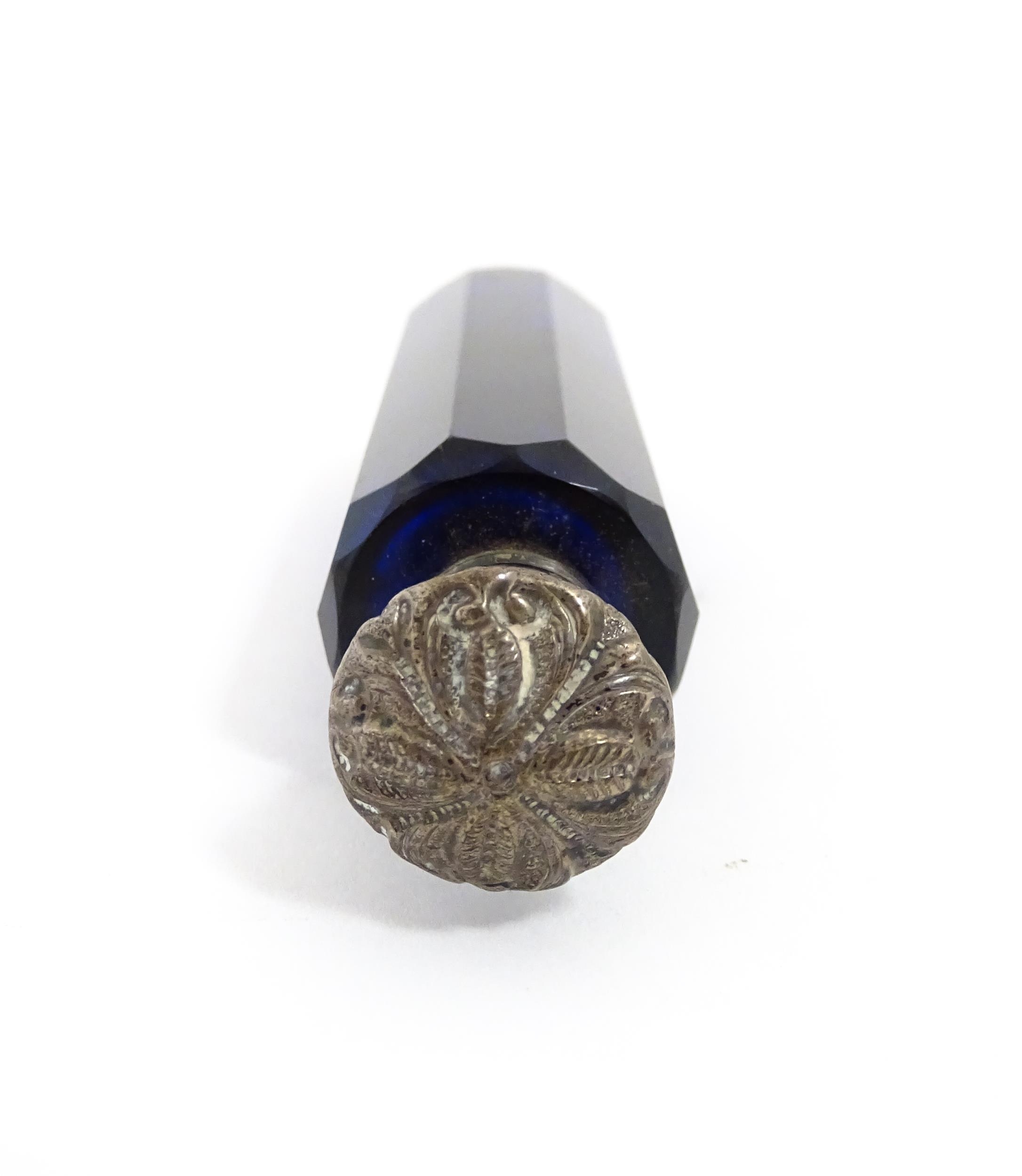 A glass scent / perfume bottle with blue flash cut decoration. Together with a Bristol blue coloured - Image 2 of 13