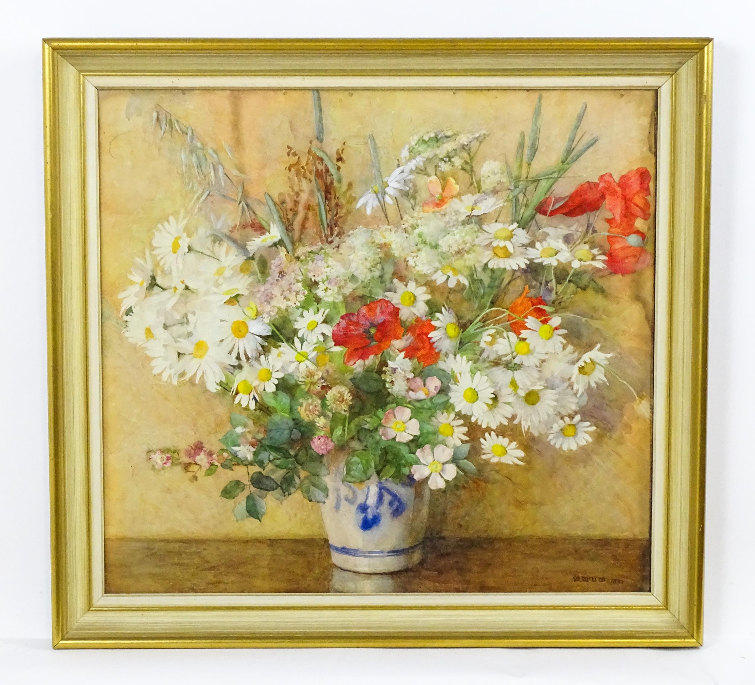 19th century, Watercolour, A still life study with flowers and foliage in a blue and white vase to