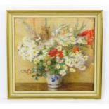 19th century, Watercolour, A still life study with flowers and foliage in a blue and white vase to