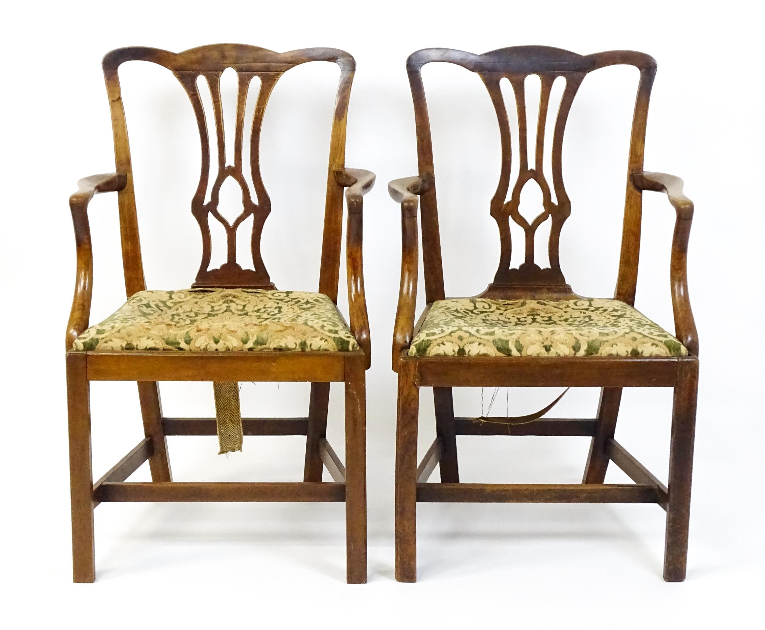 A pair of late 18thC fruitwood elbow chairs with Chippendale back splats, swept arms, drop in - Image 4 of 6